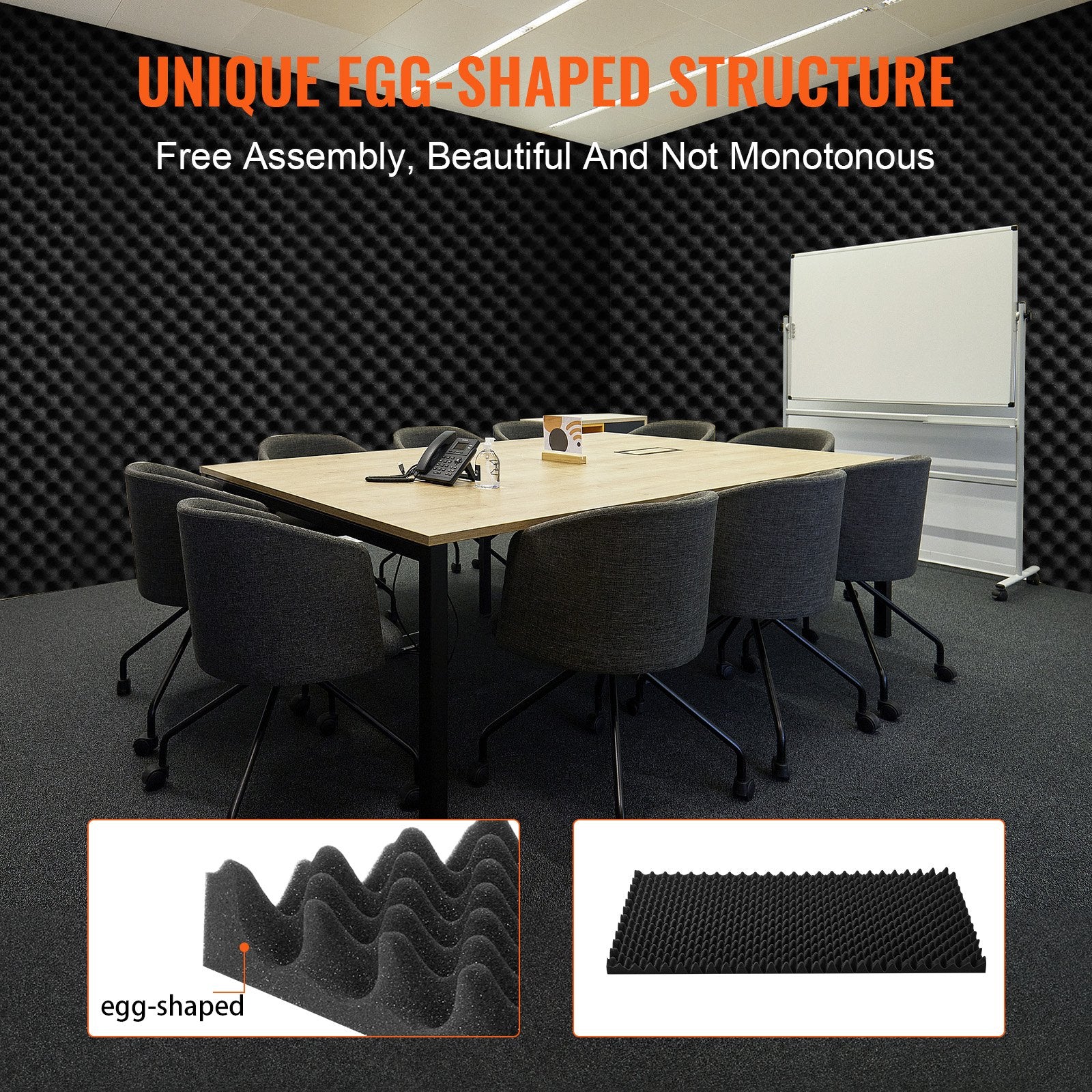 2 Pack 48x24x2 in Egg Acoustic Foam Panels, Soundproof, Fire-Resistant, Black