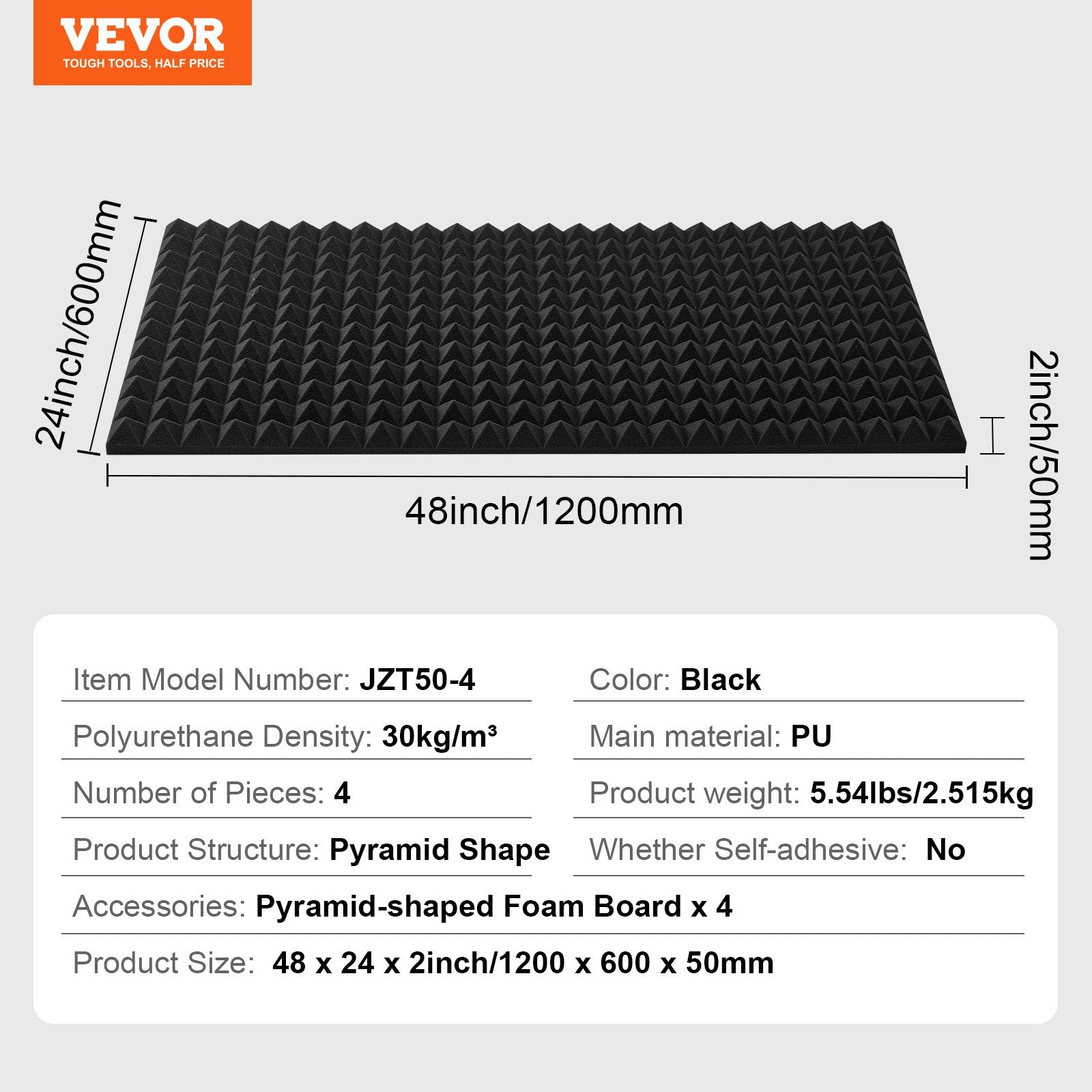 Acoustic Foam Panels 4 Pack 48x24x2 in Pyramid Soundproof Black, Fire-Resistant