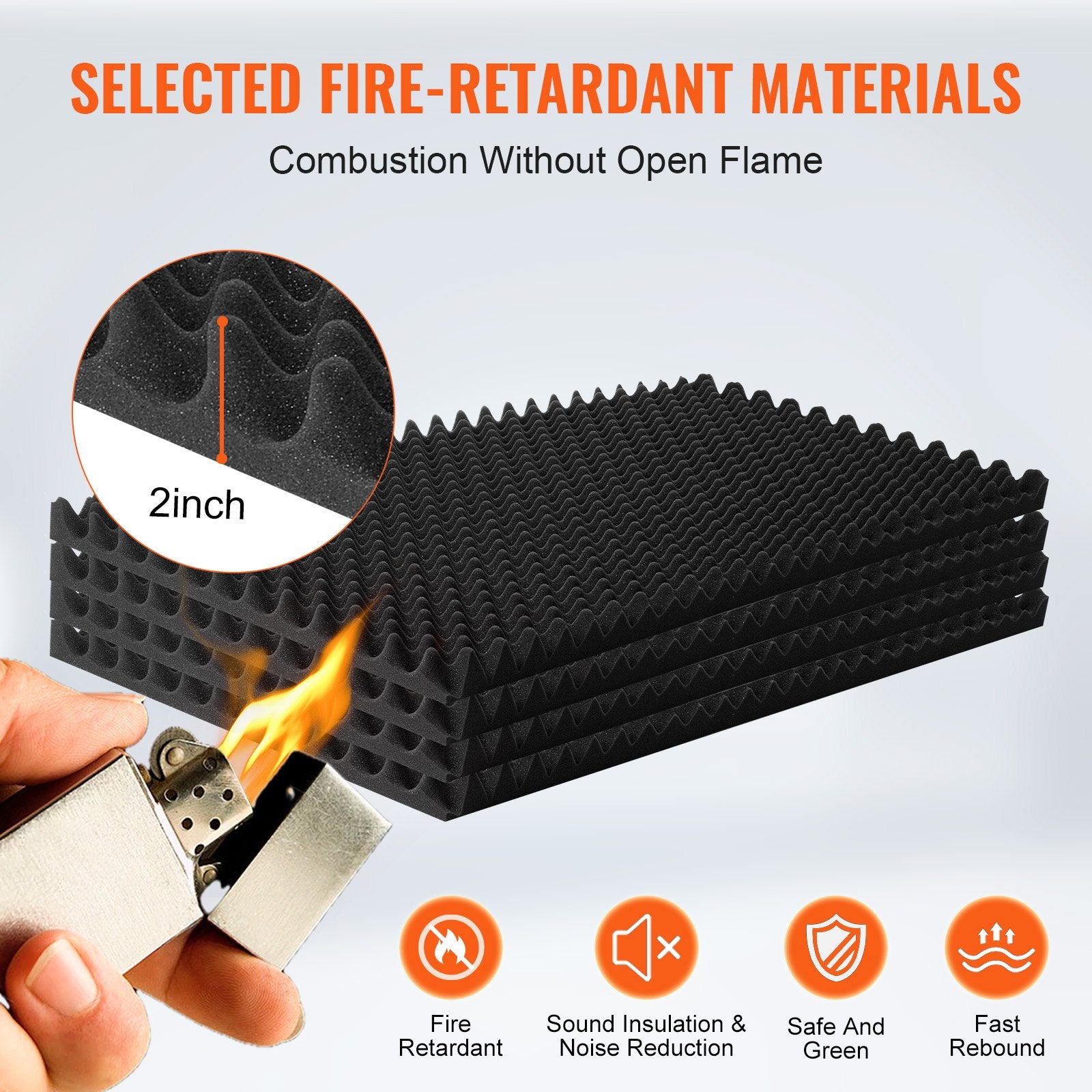 4 Pack 48x24x2 in Egg Acoustic Foam Panels, Soundproof, Fire-Resistant, Black