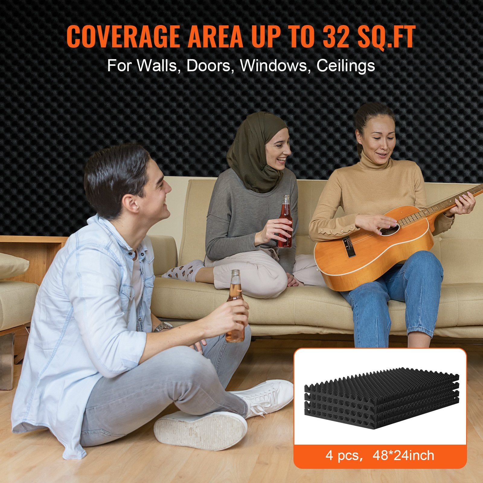 4 Pack 48x24x2 in Egg Acoustic Foam Panels, Soundproof, Fire-Resistant, Black