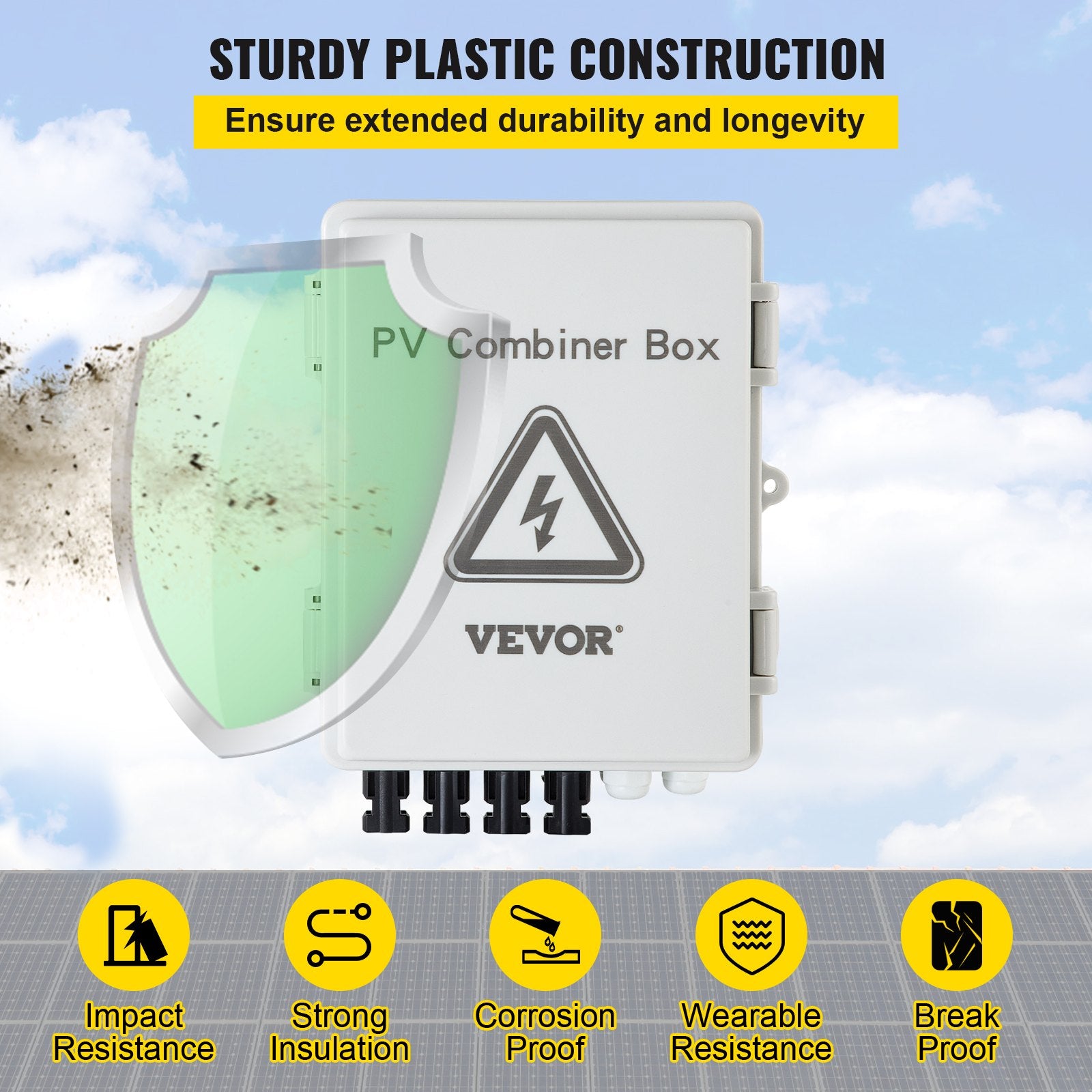 PV Combiner Box 4-String with 15A Fuse, 63A Breaker, Lightning Arrester, IP65