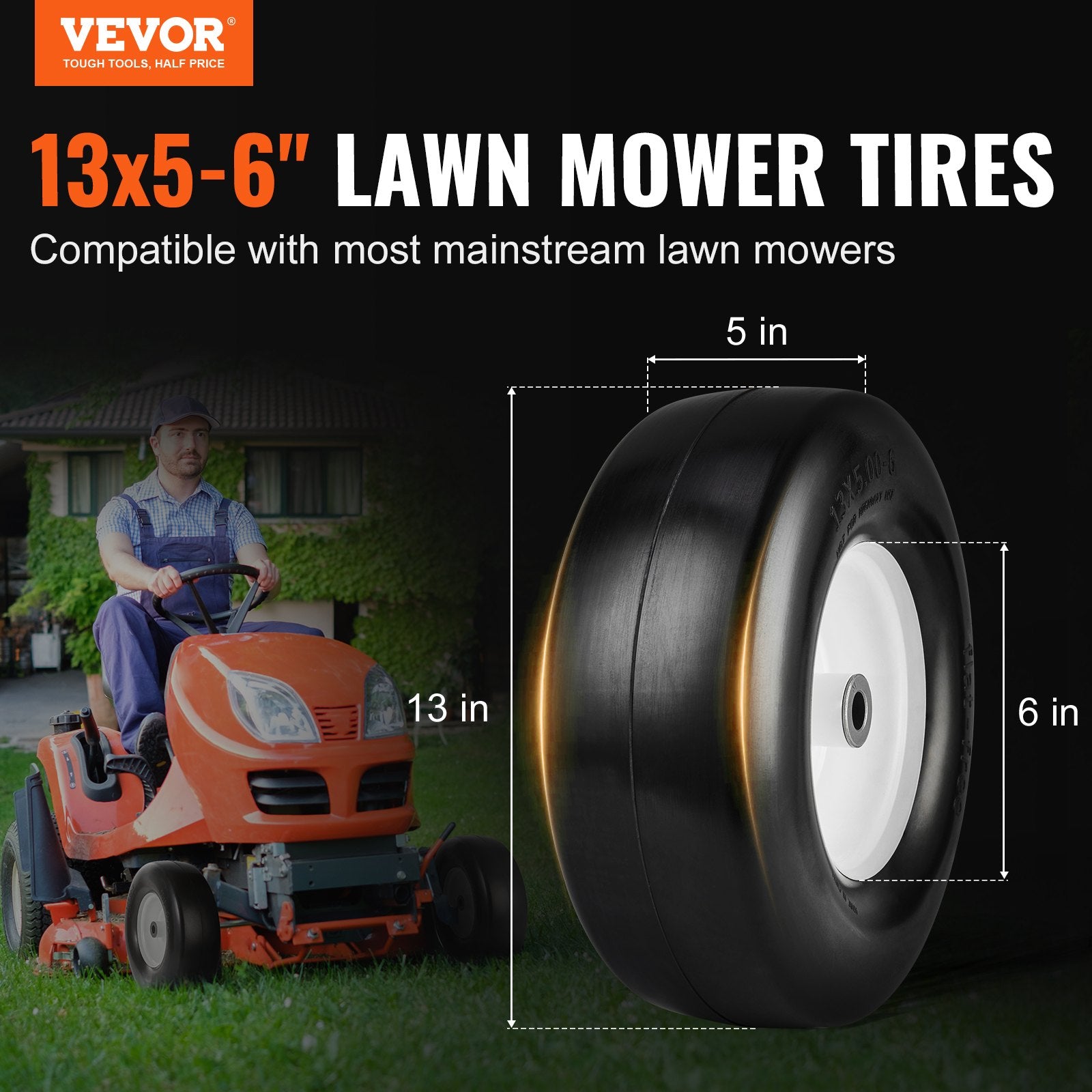 2-Pack 13x5-6" Lawn Mower Tires with Rim Flat-Free PU for Riding Mowers