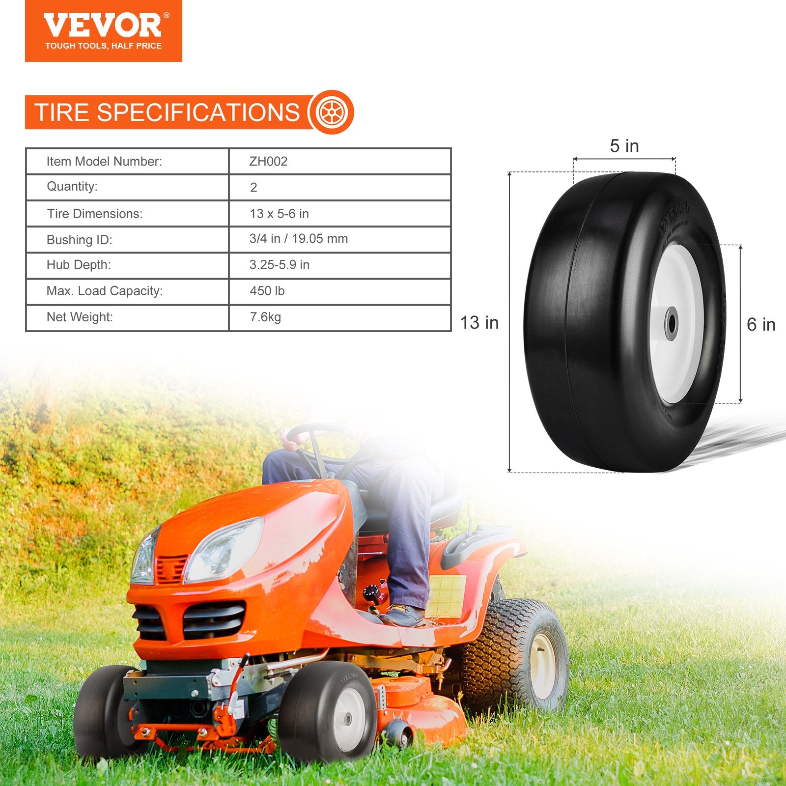 2-Pack 13x5-6" Lawn Mower Tires with Rim Flat-Free PU for Riding Mowers