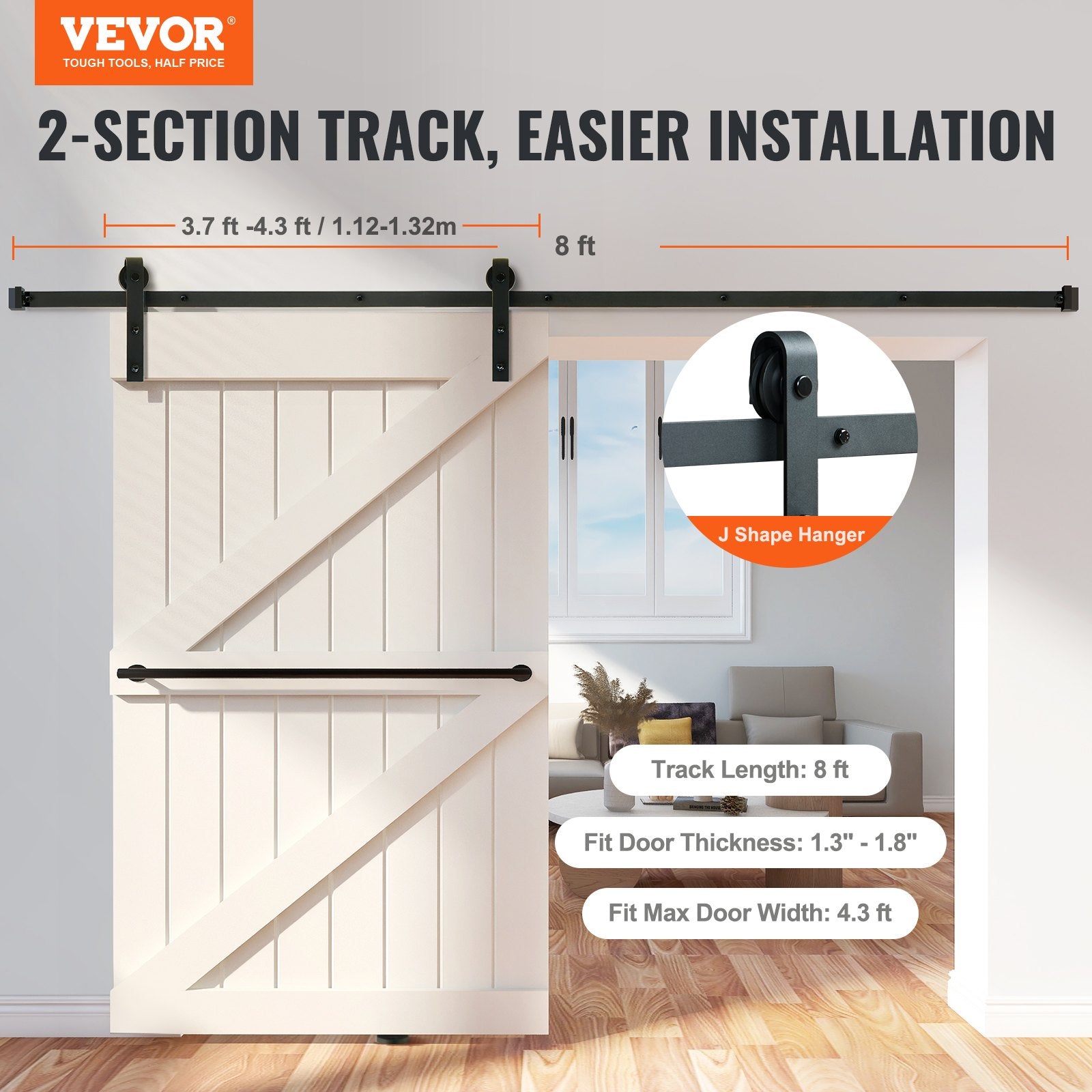 2440 mm Sliding Barn Door Hardware Closet Track Kit for Single Door J Hanger