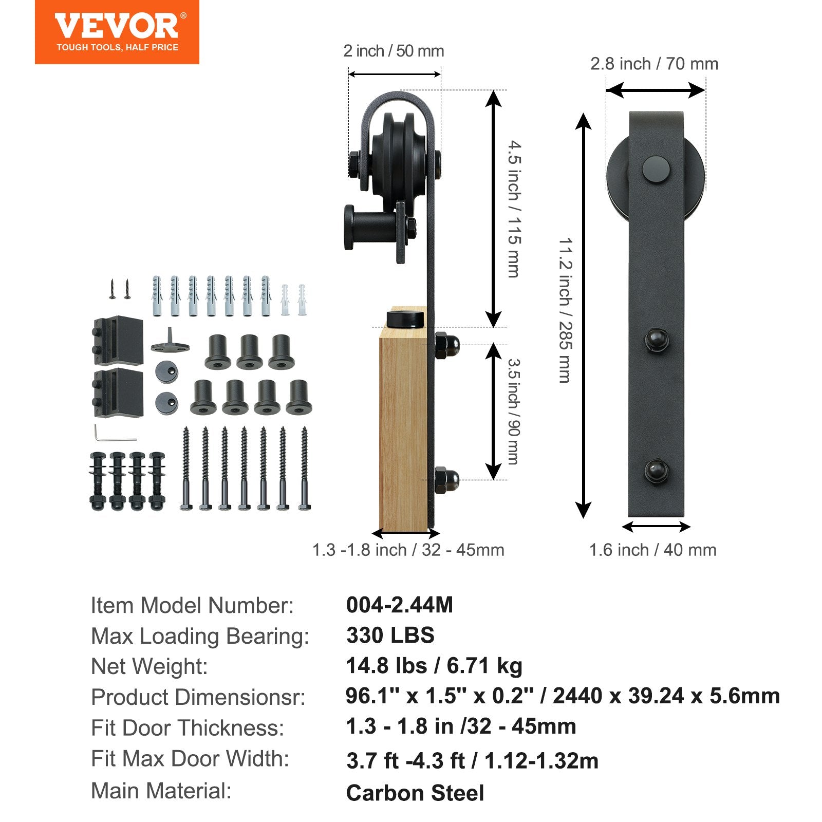 2440 mm Sliding Barn Door Hardware Closet Track Kit for Single Door J Hanger