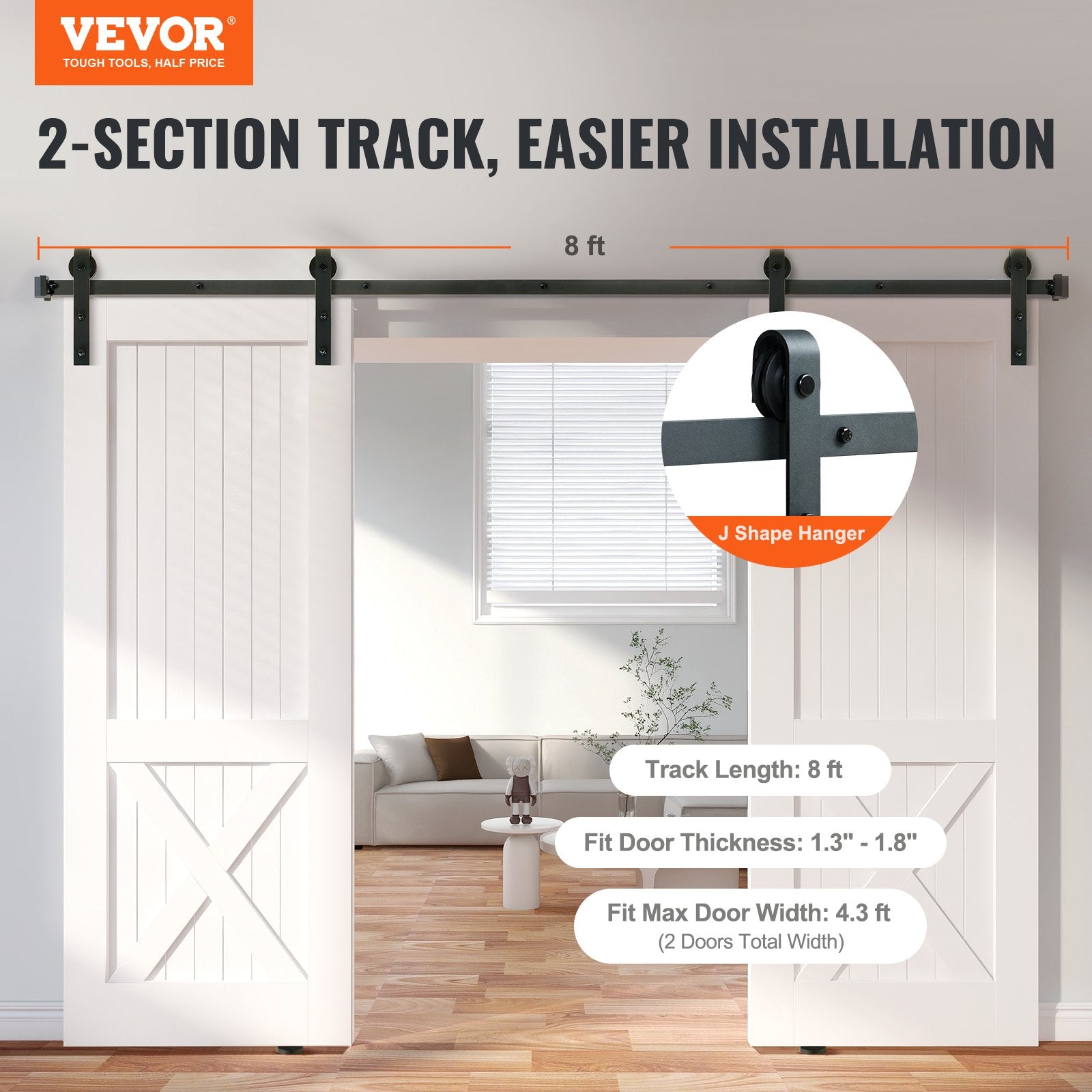 2440 mm Sliding Barn Door Hardware Closet Track Kit for Double Doors J Hanger