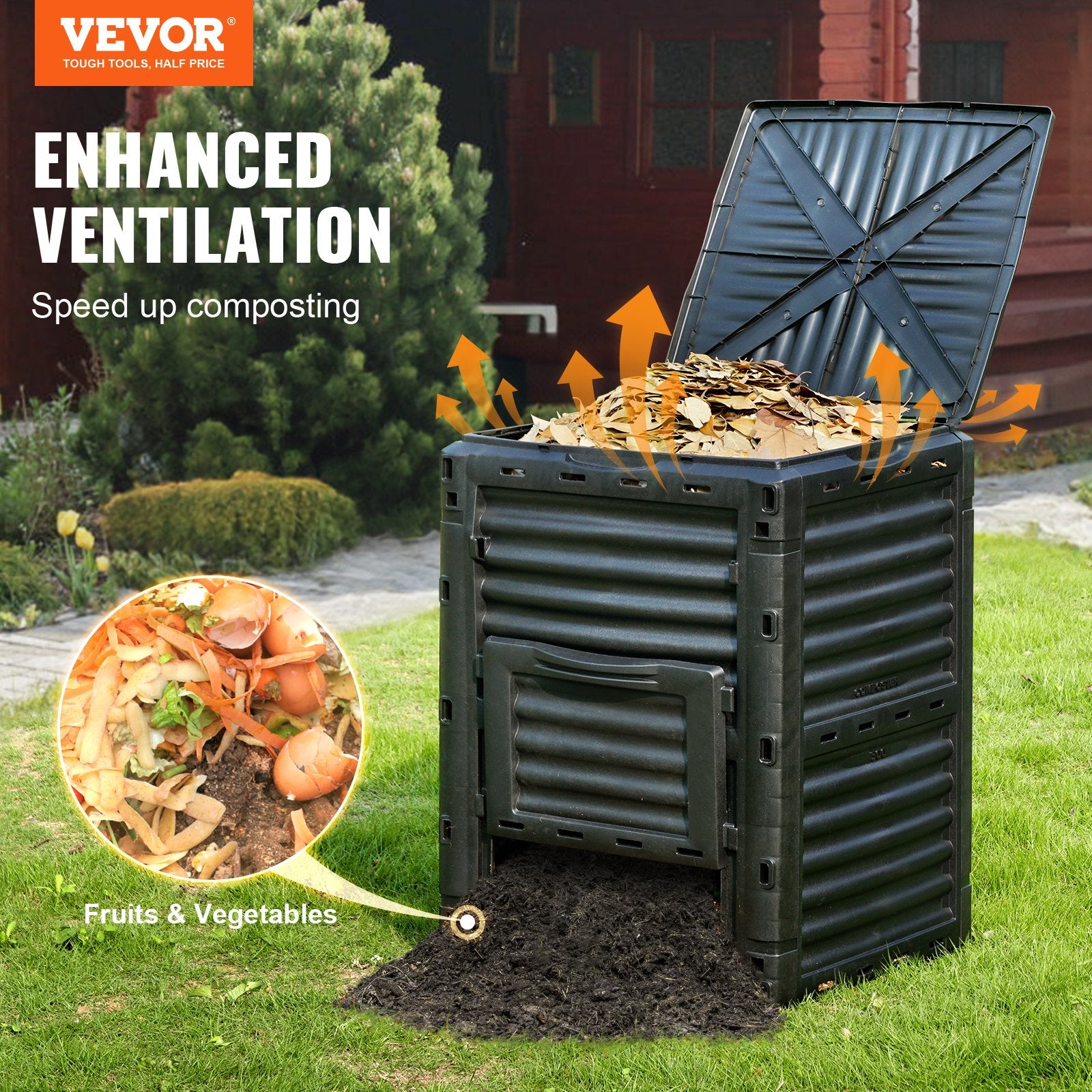 Garden Compost Bin 300L, BPA-Free Outdoor Composter with Top Lid & Bottom Door