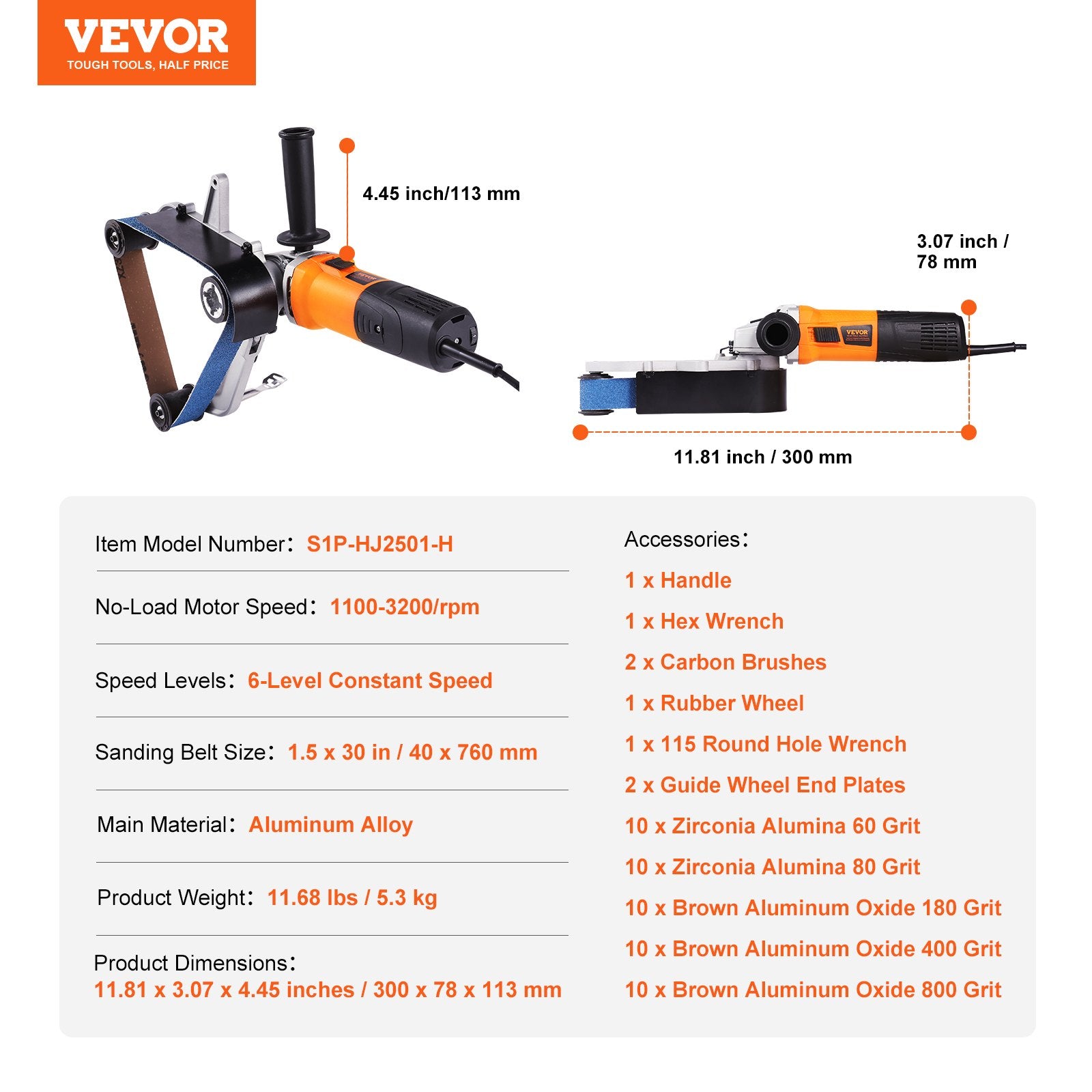 Pipe Tube Polisher Sander 1300W Belt Sander 6 Speeds 1100-3200RPM with 50 Belts