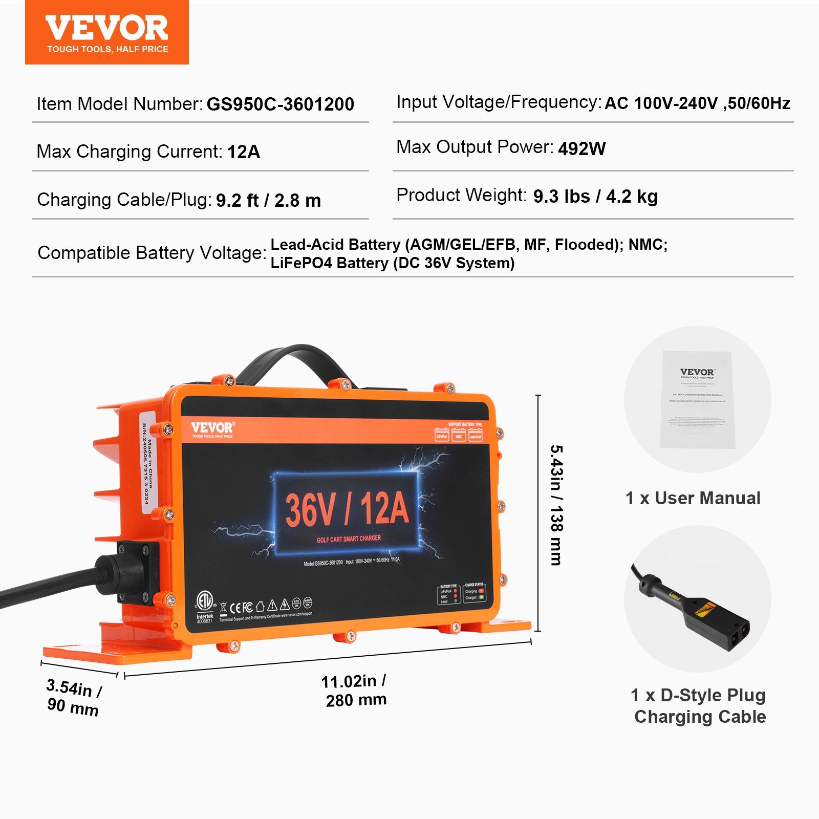 Golf Cart Battery Charger 12AMP Smart DStyle Plug for EZGO TXT LeadAcid LiFePO4