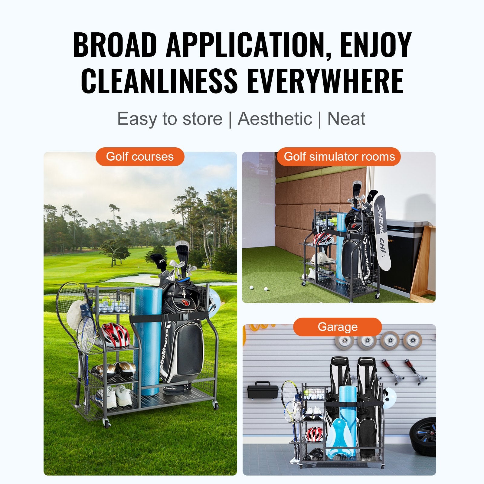 Golf Storage Garage Organizer Rolling Ball Cart 2-Bag Stand with Baskets & Hooks