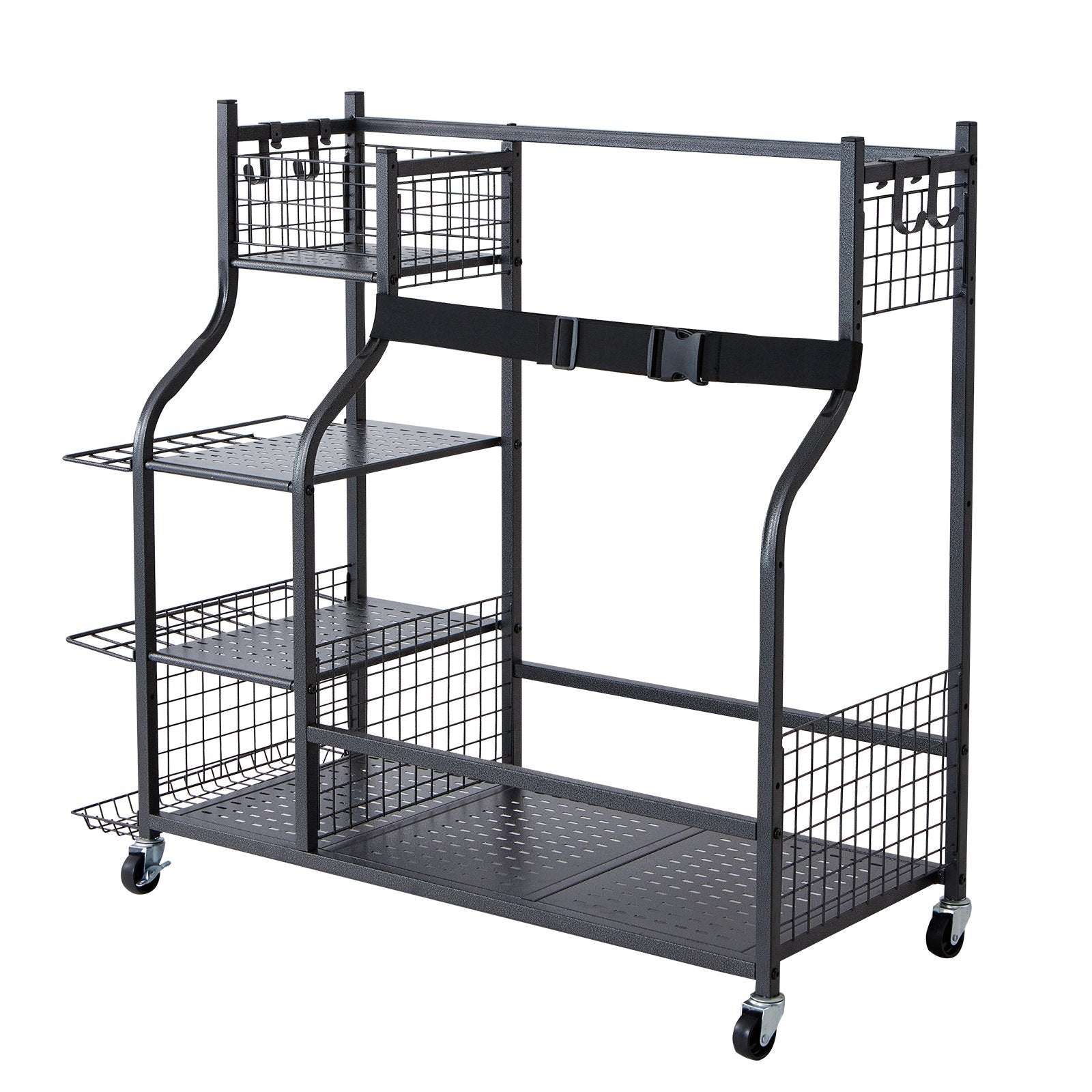 Golf Storage Garage Organizer Rolling Ball Cart 2-Bag Stand with Baskets & Hooks