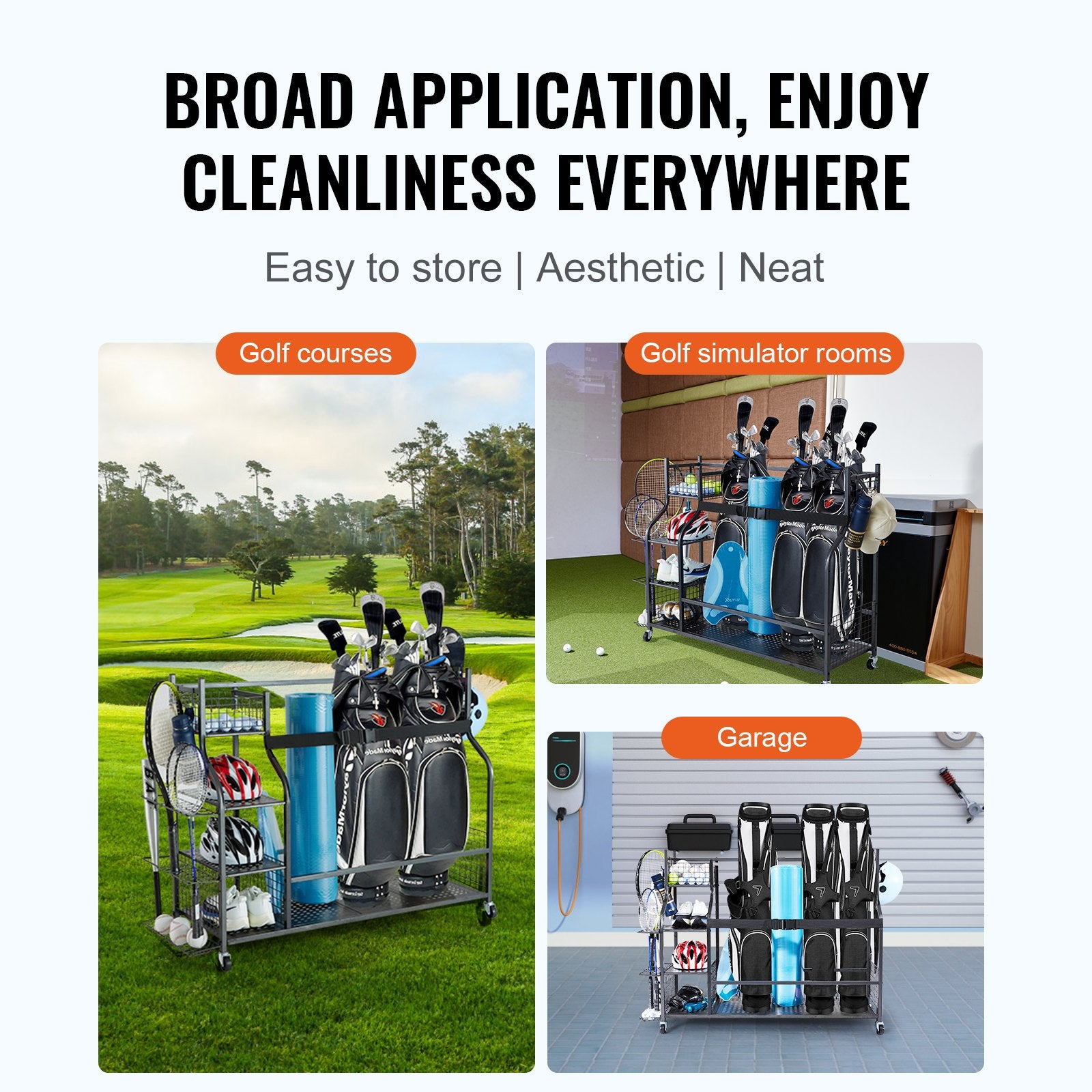 Golf Storage Garage Organizer Rolling Ball Cart 3-Bag Stand with Baskets & Hooks