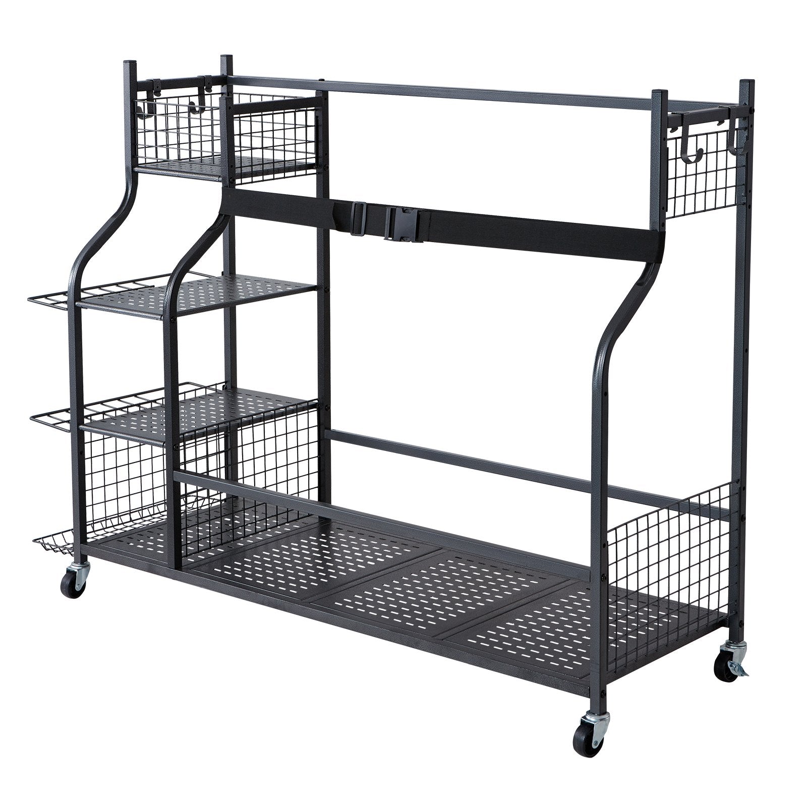 Golf Storage Garage Organizer Rolling Ball Cart 3-Bag Stand with Baskets & Hooks