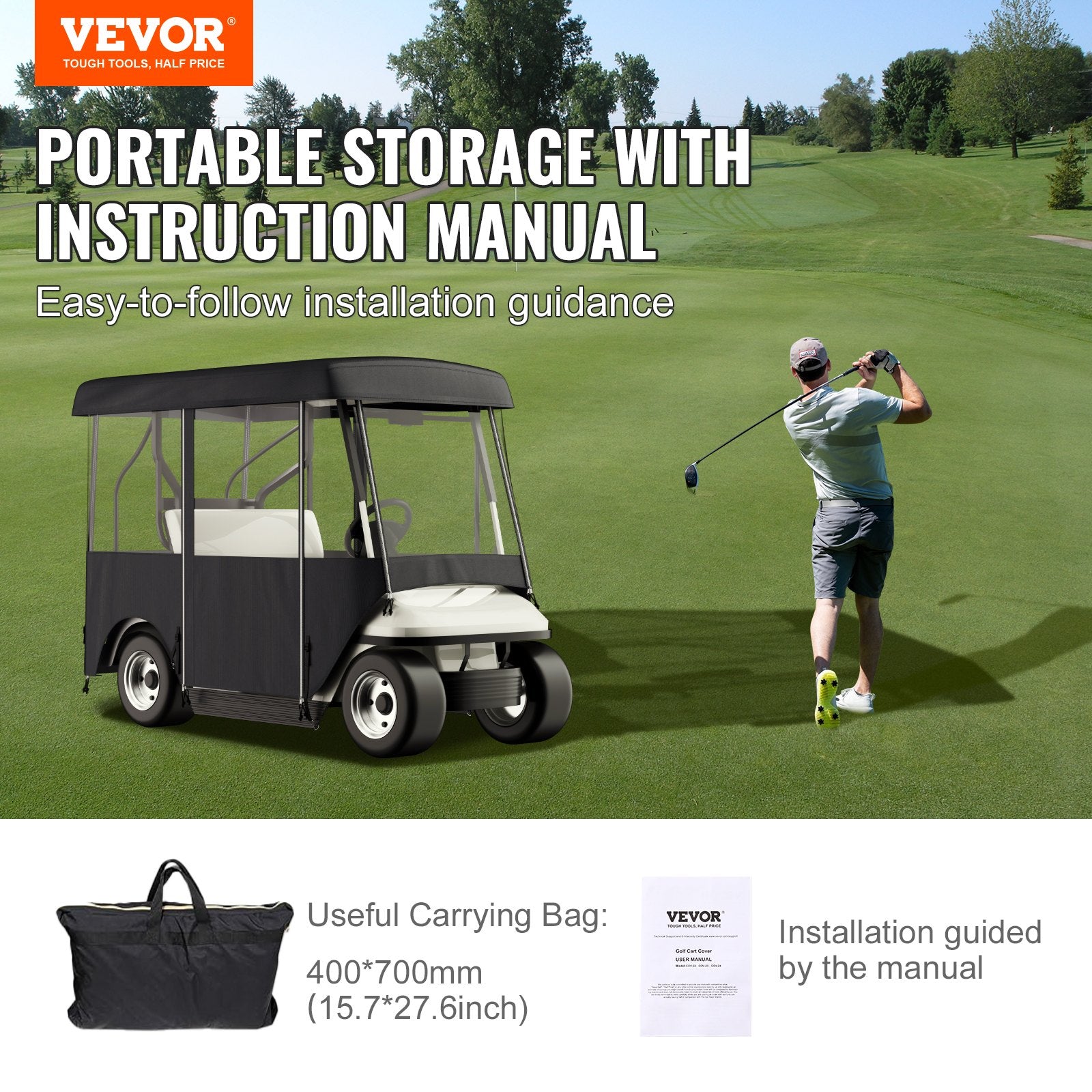 Golf Cart Enclosure 86in 4-Sided Deluxe 300D Waterproof Windows for EZGO Yamaha