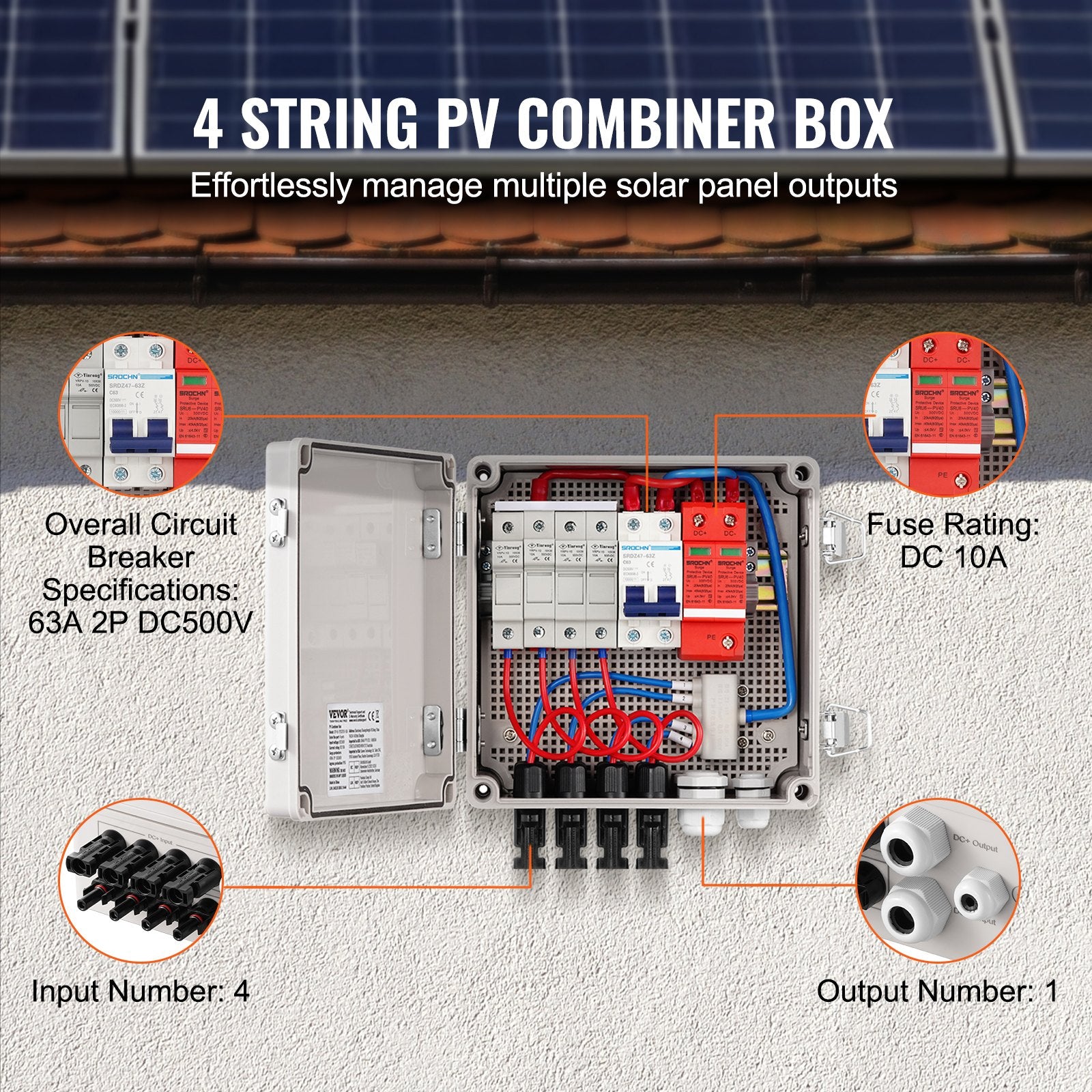 PV Combiner Box 4 String with Fuse Breaker Lightning Arrester IP65 ABS Case
