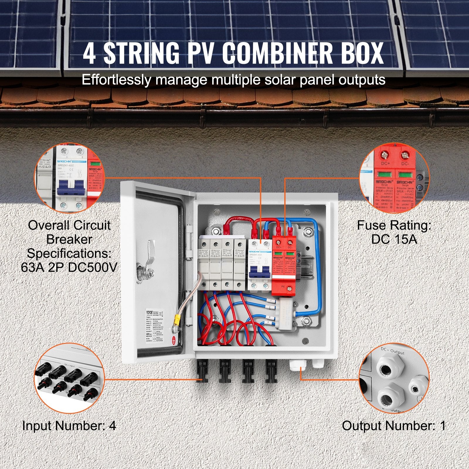 PV Combiner Box 4 String 15A Fuse 63A Breaker Lightning Arrester IP65
