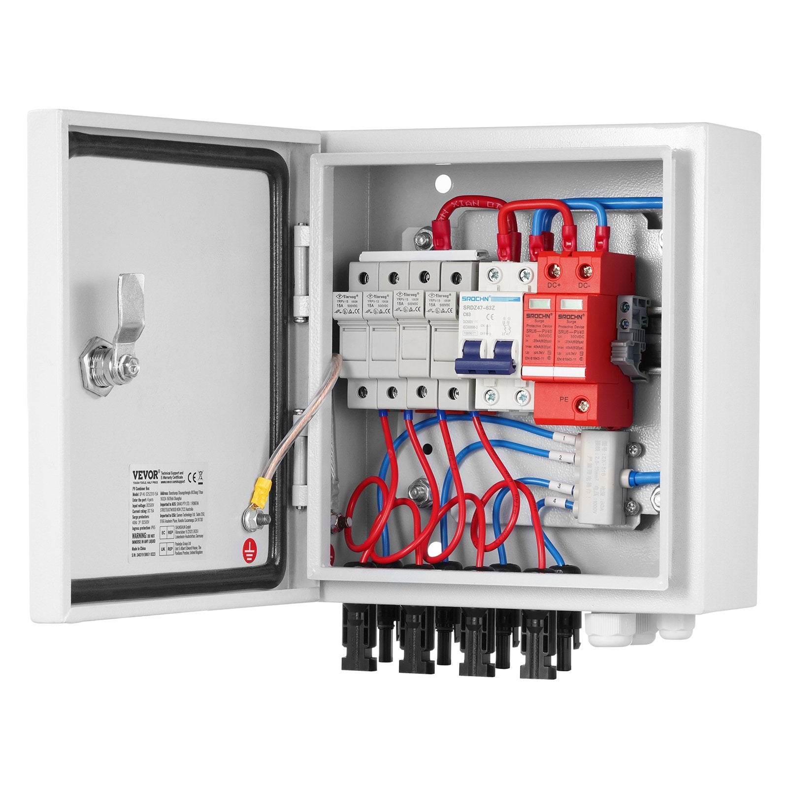 PV Combiner Box 4 String 15A Fuse 63A Breaker Lightning Arrester IP65