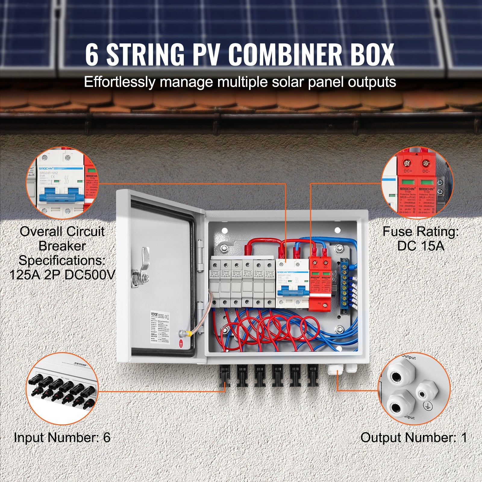 PV Combiner Box 6 String 15A Fuse 125A Breaker Lightning Arrester IP65