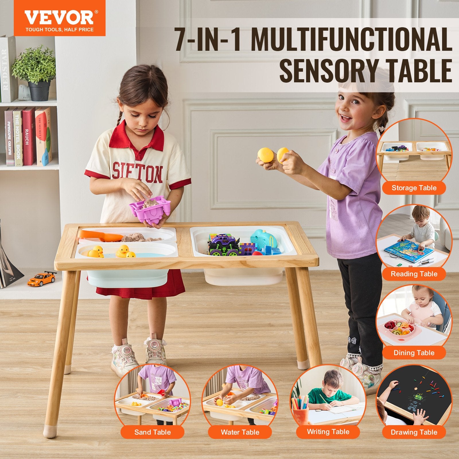 Wooden Sensory Table with Double-Sided Board and 3 Foldable Storage Bins