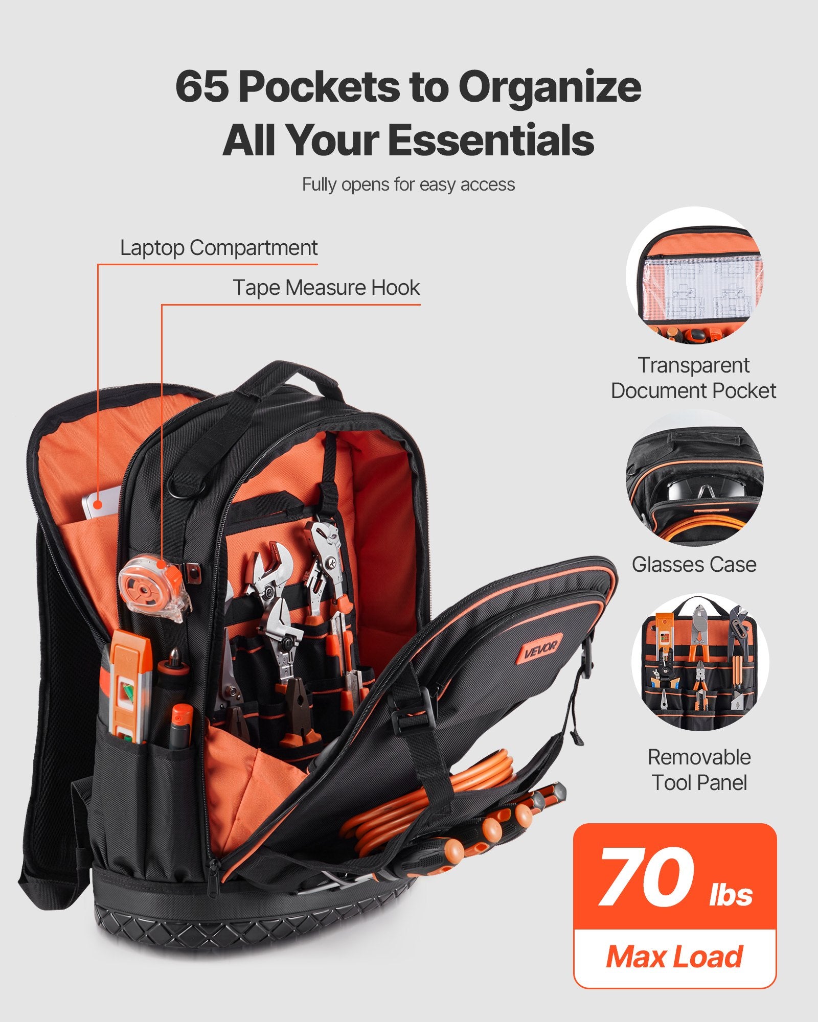 Tool Backpack 65 Pockets Heavy Duty Organizer w/Laptop Compartment Molded Base