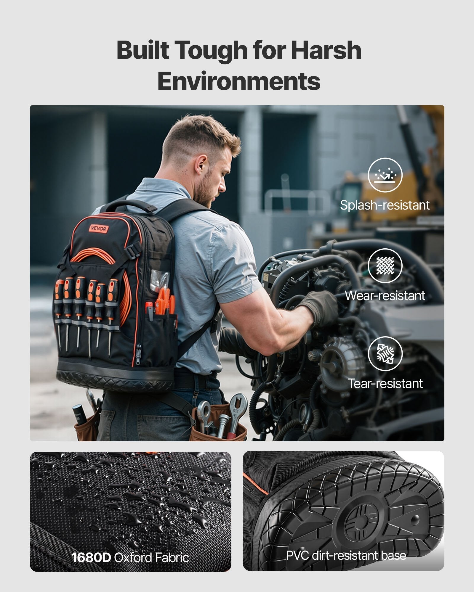 Tool Backpack 65 Pockets Heavy Duty Organizer w/Laptop Compartment Molded Base