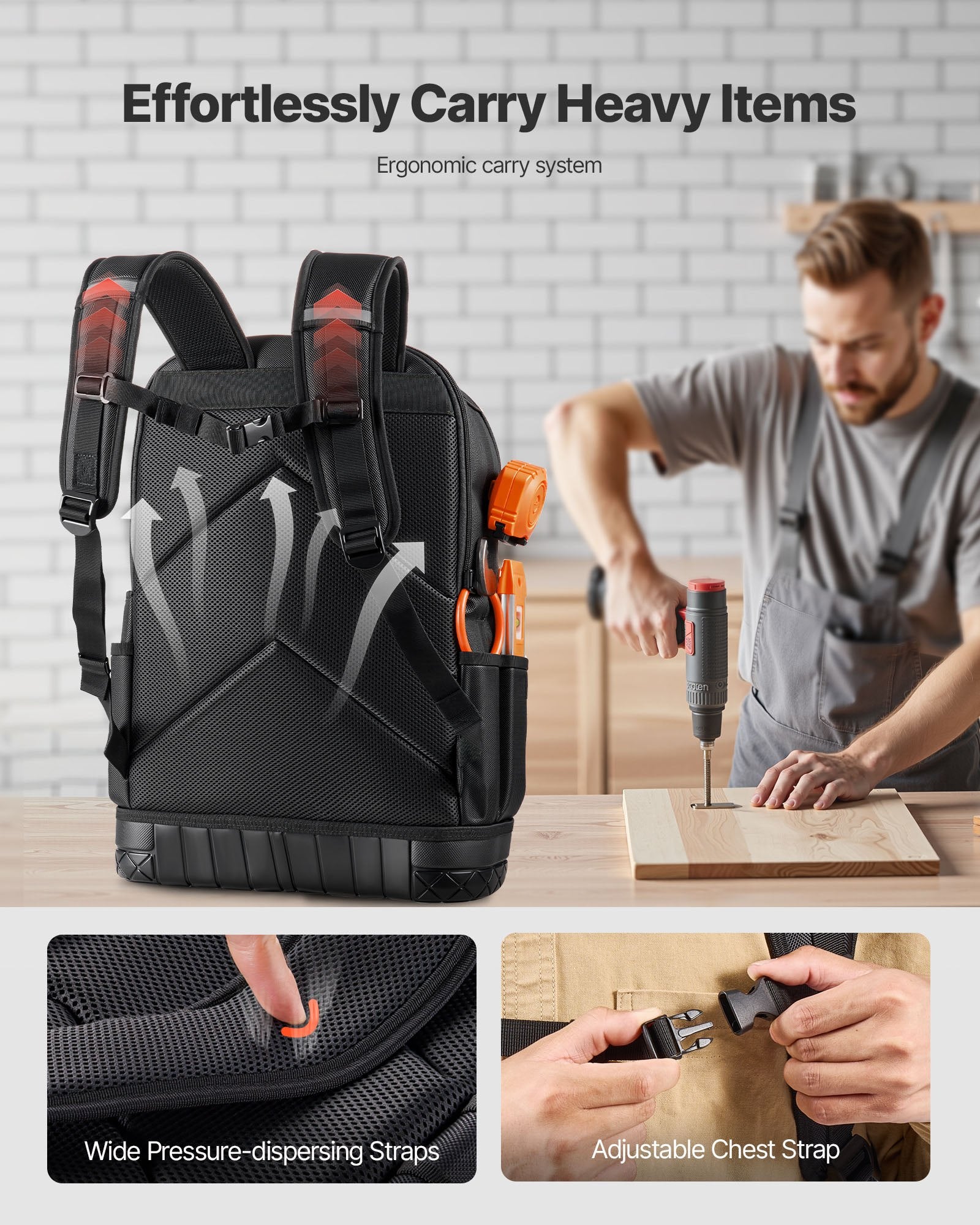 Tool Backpack 65 Pockets Heavy Duty Organizer w/Laptop Compartment Molded Base