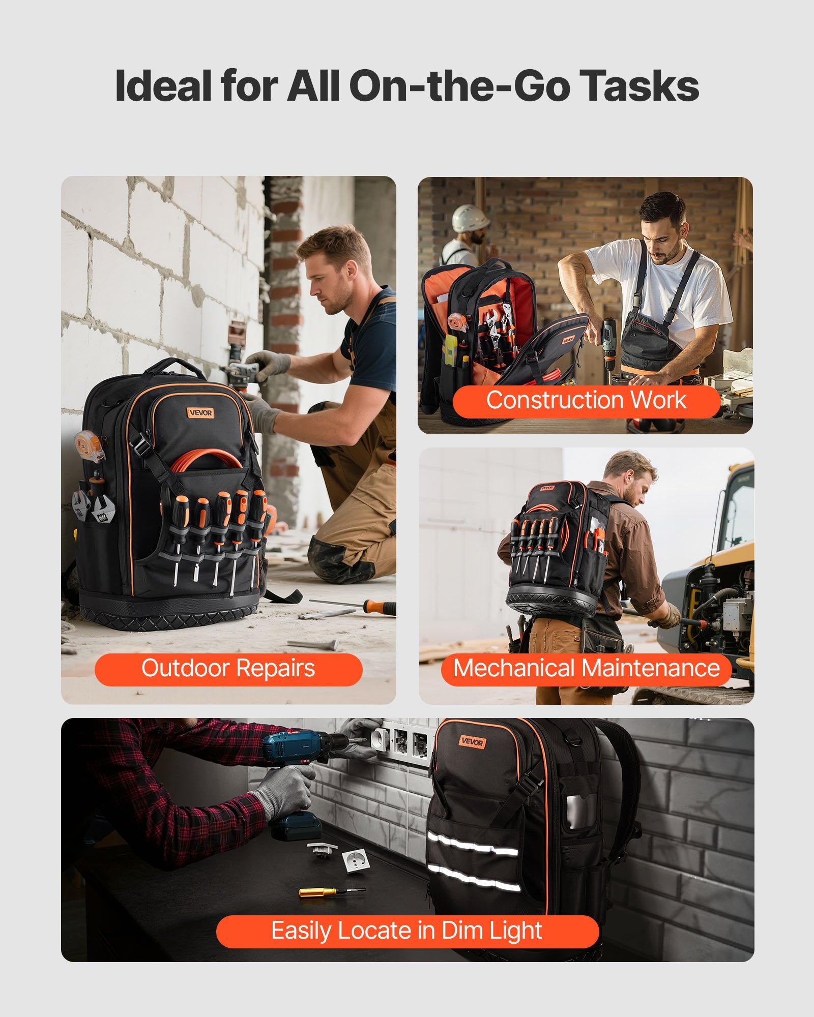 Tool Backpack 65 Pockets Heavy Duty Organizer w/Laptop Compartment Molded Base