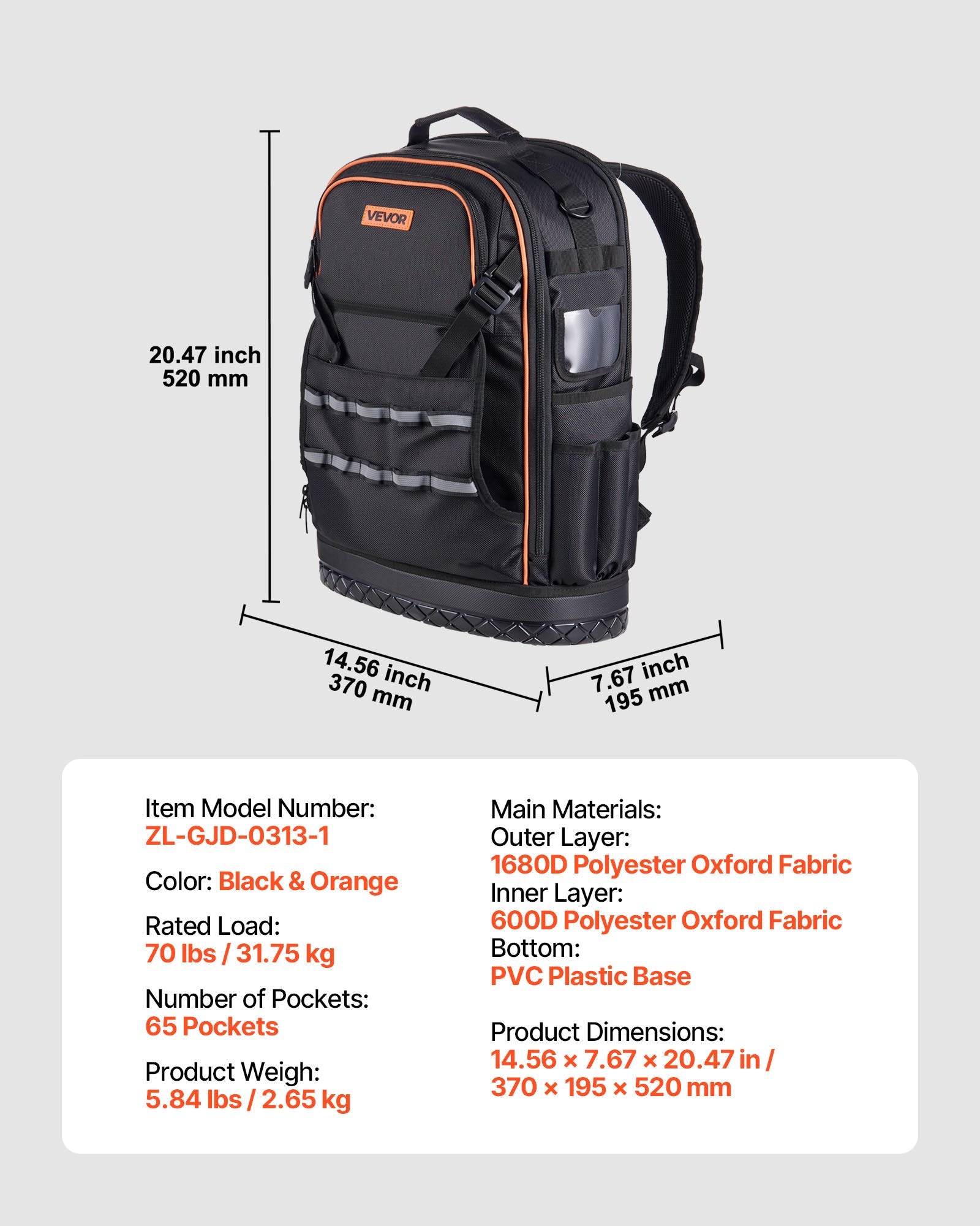 Tool Backpack 65 Pockets Heavy Duty Organizer w/Laptop Compartment Molded Base