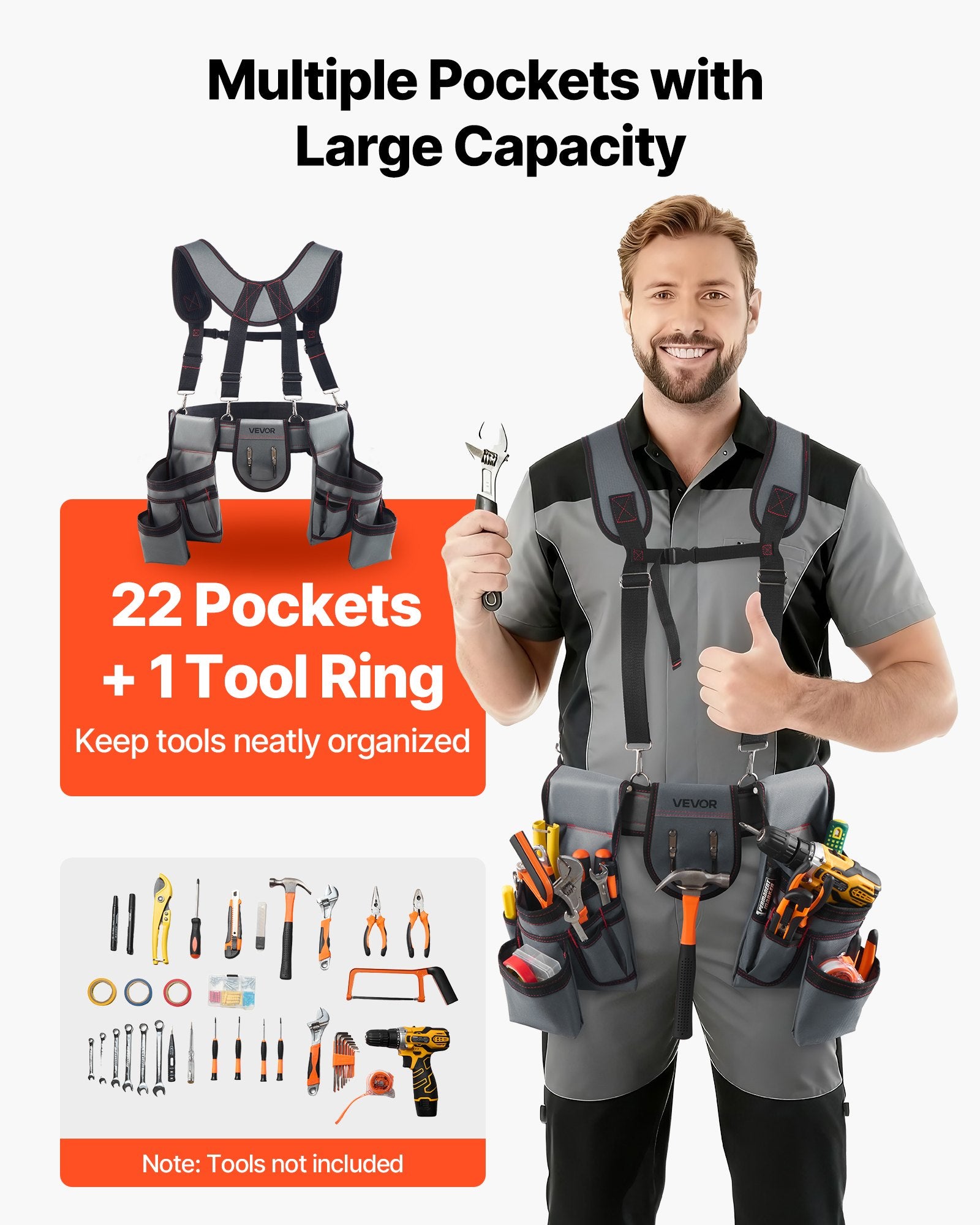 Tool Belt with Suspenders, 22 Pocket Heavy Duty Adjustable Utility Pouch