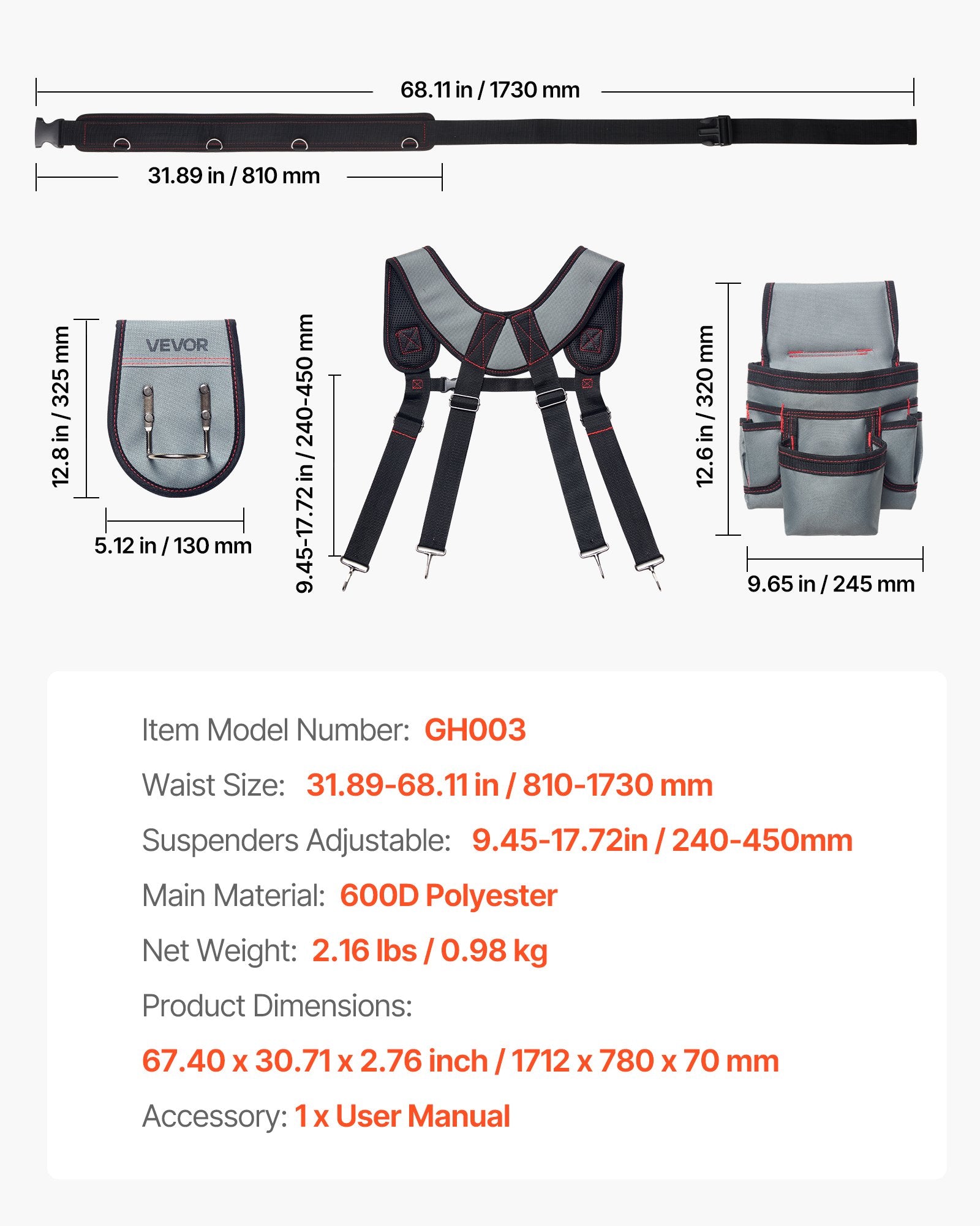 Tool Belt with Suspenders, 22 Pocket Heavy Duty Adjustable Utility Pouch