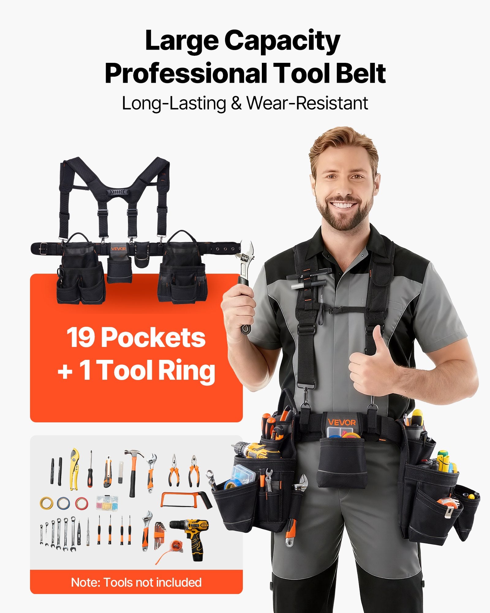 Tool Belt with Suspenders, 19 Pocket Heavy Duty Adjustable Utility Belt