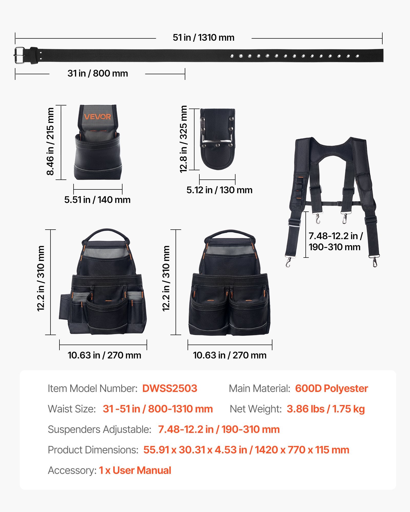Tool Belt with Suspenders, 19 Pocket Heavy Duty Adjustable Utility Belt