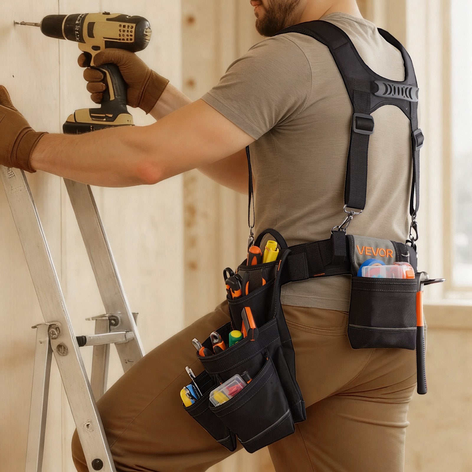 Tool Belt with Suspenders, 19 Pocket Heavy Duty Adjustable Utility Belt