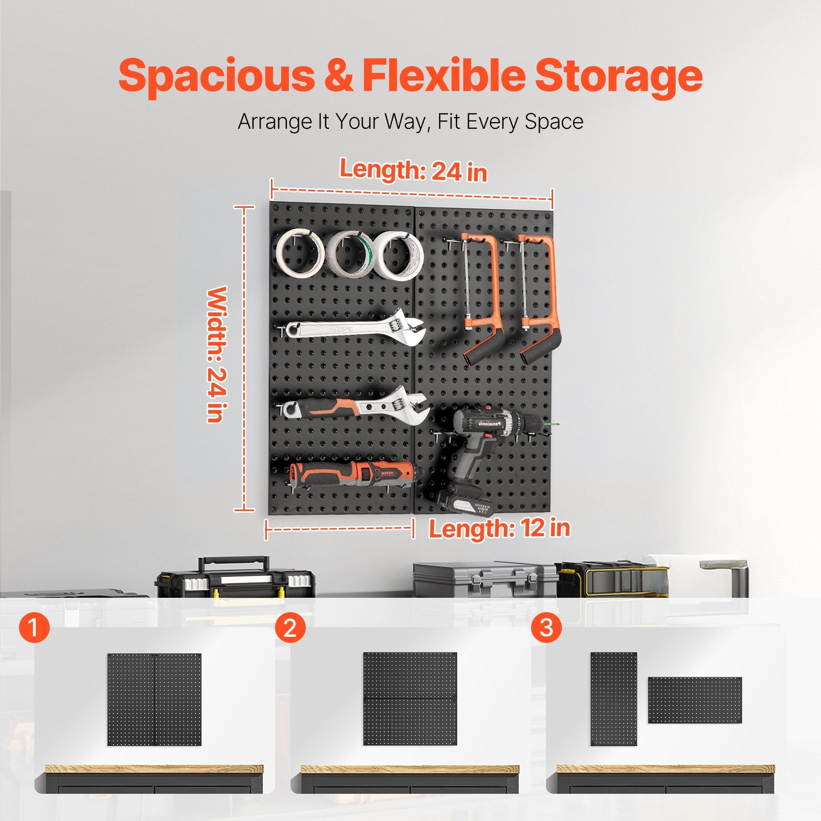 Metal Pegboard Panels 609.6x304.8mm, 2 Pc Heavy Duty Wall Organizer, Black