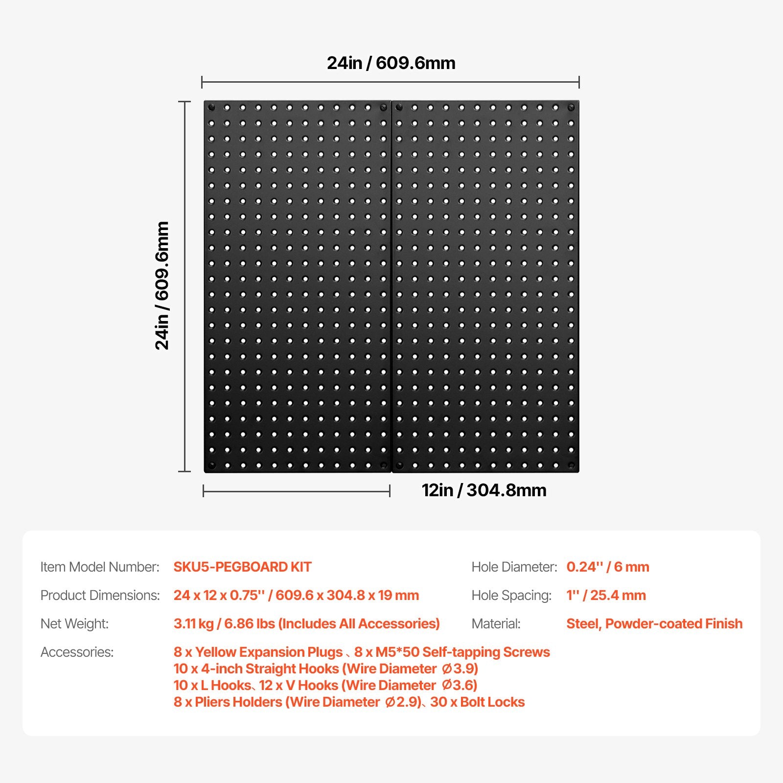 Metal Pegboard Panels 609.6x304.8mm, 2 Pc Heavy Duty Wall Organizer, Black