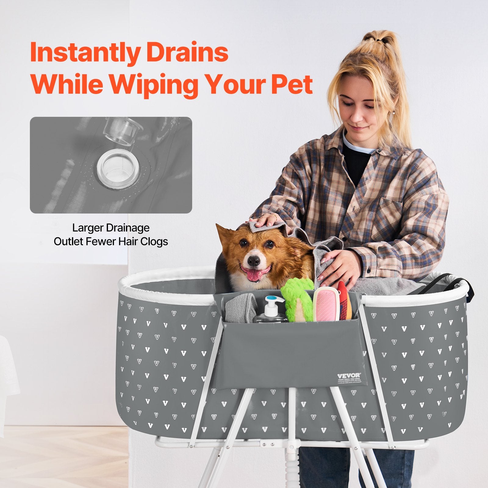 Portable Dog Bathtub Foldable Elevated Pet Shower Tub with Drainage Grey