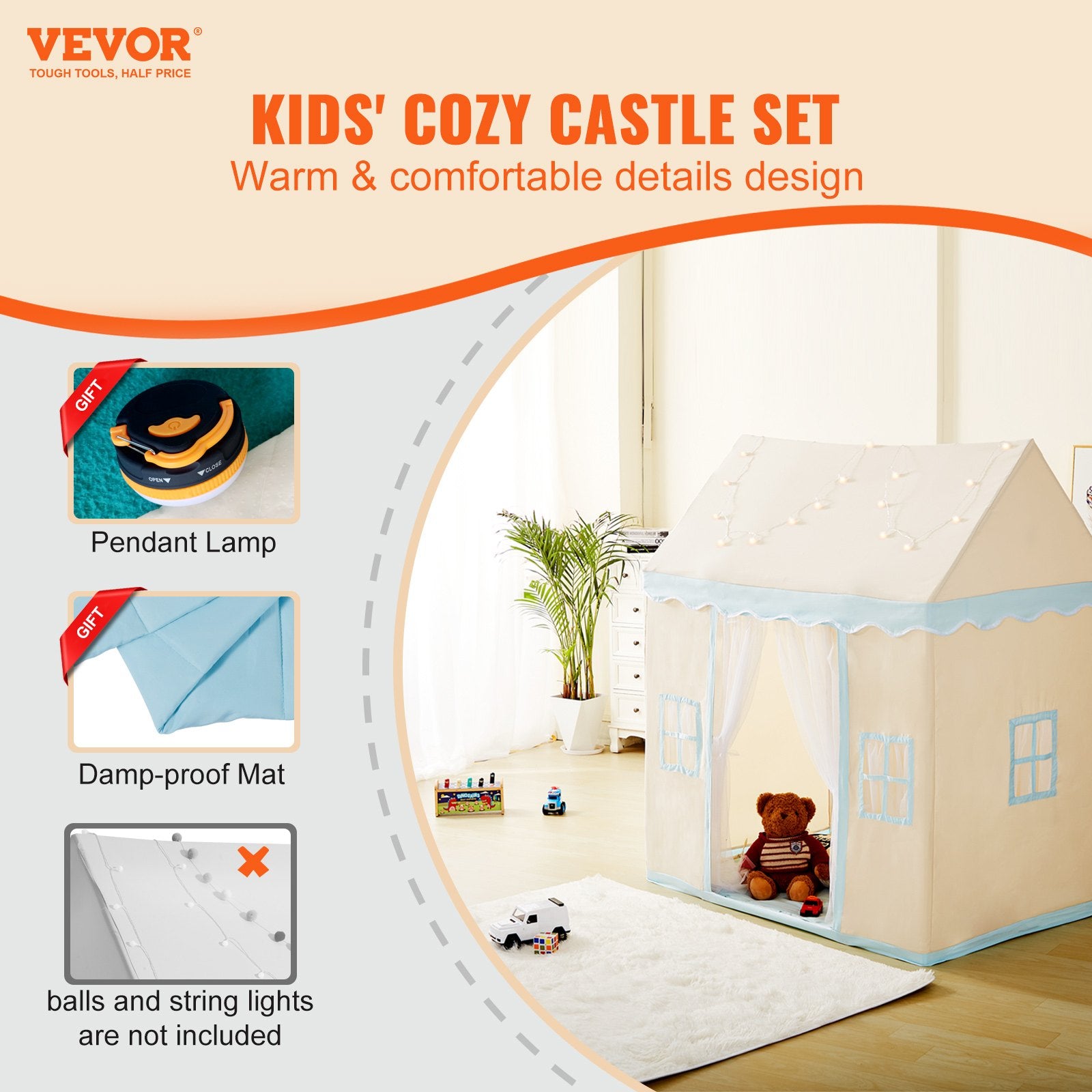 Kids Play Tent for 1-5 Years Toddler Tent with Mat and Lamp Beige Castle