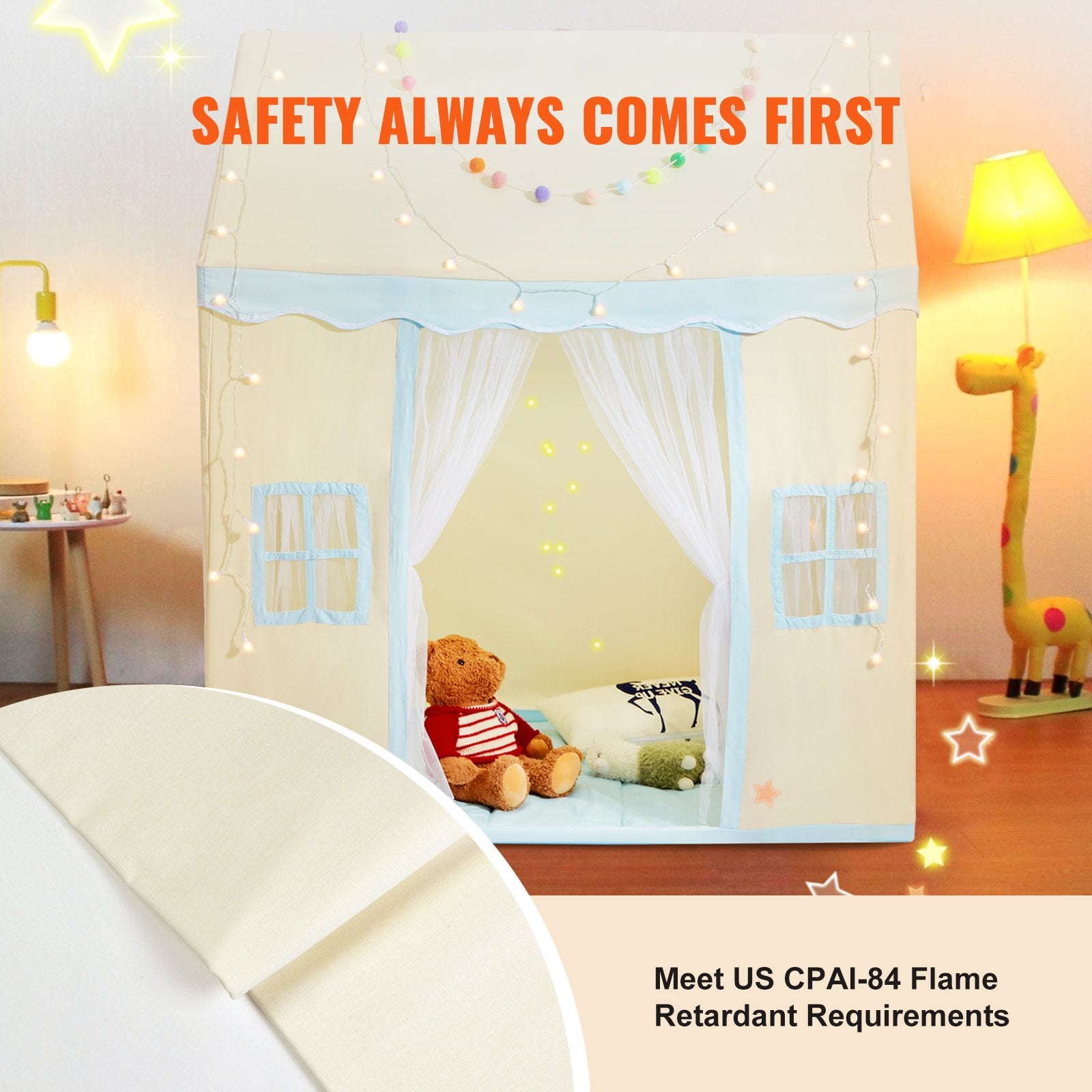 Kids Play Tent for 1-5 Years Toddler Tent with Mat and Lamp Beige Castle