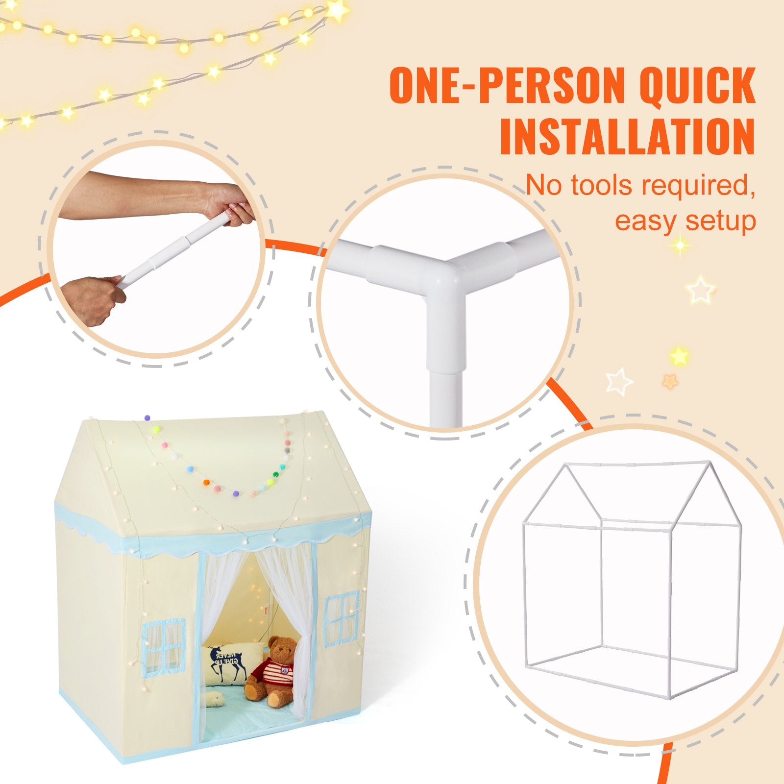 Kids Play Tent for 1-5 Years Toddler Tent with Mat and Lamp Beige Castle