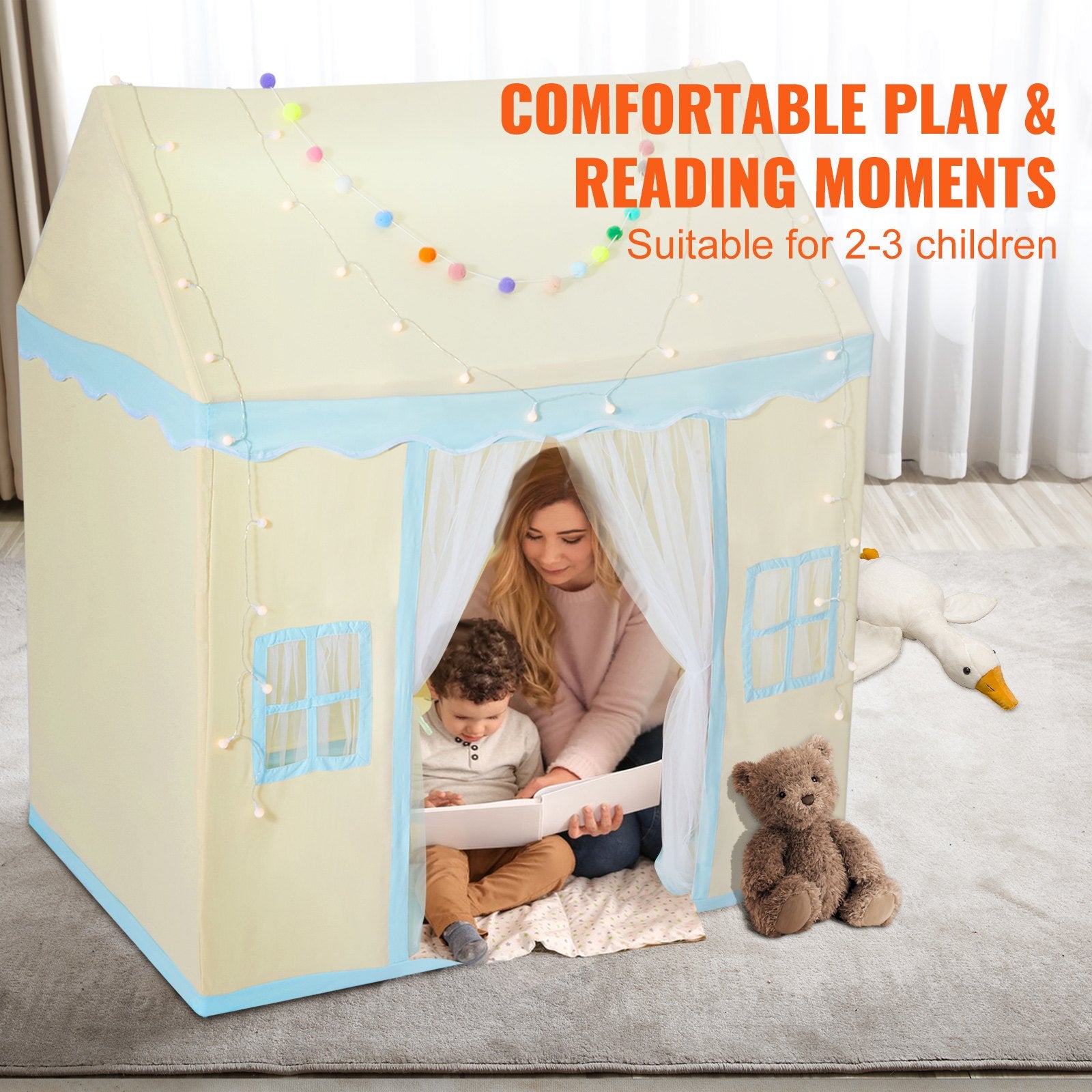 Kids Play Tent for 1-5 Years Toddler Tent with Mat and Lamp Beige Castle