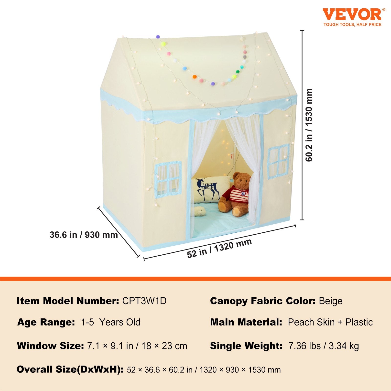 Kids Play Tent for 1-5 Years Toddler Tent with Mat and Lamp Beige Castle