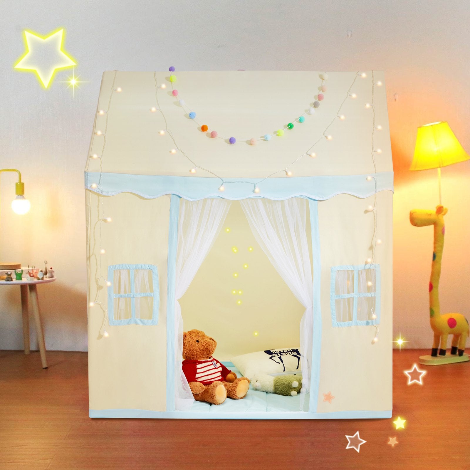 Kids Play Tent for 1-5 Years Toddler Tent with Mat and Lamp Beige Castle