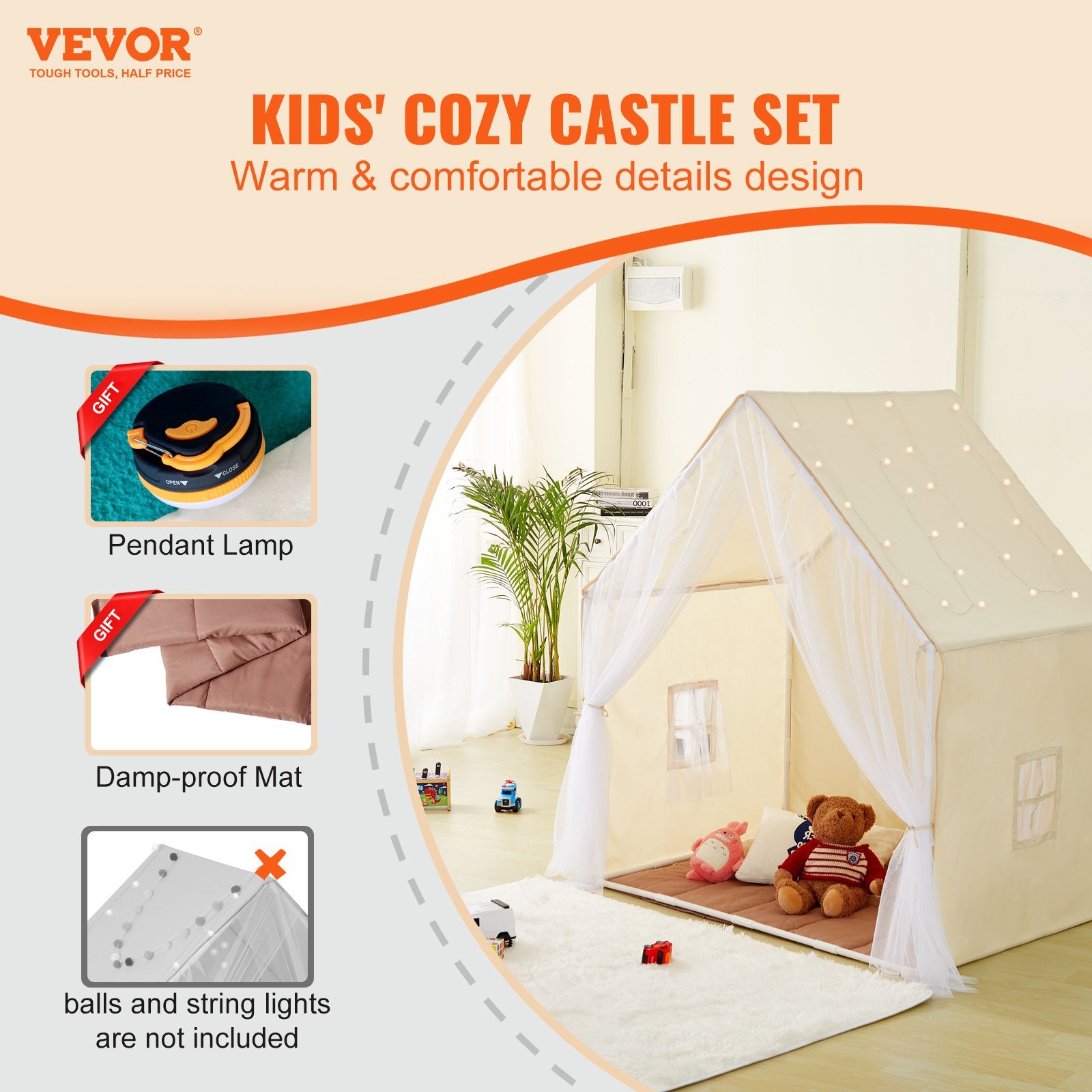 Kids Play Tent for 1-5 Years Toddler Tent with Mat and Lamp Beige Yurt