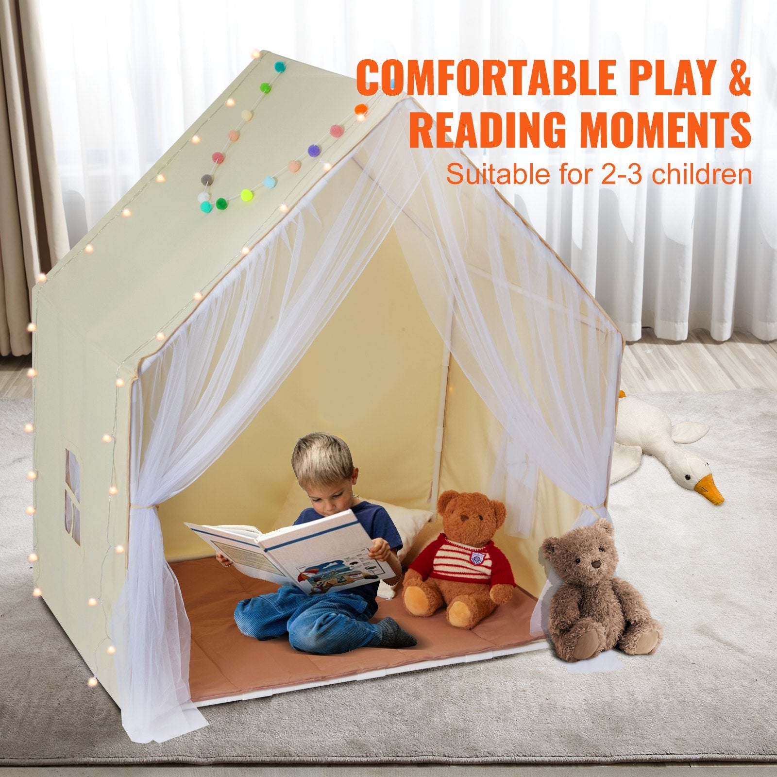 Kids Play Tent for 1-5 Years Toddler Tent with Mat and Lamp Beige Yurt