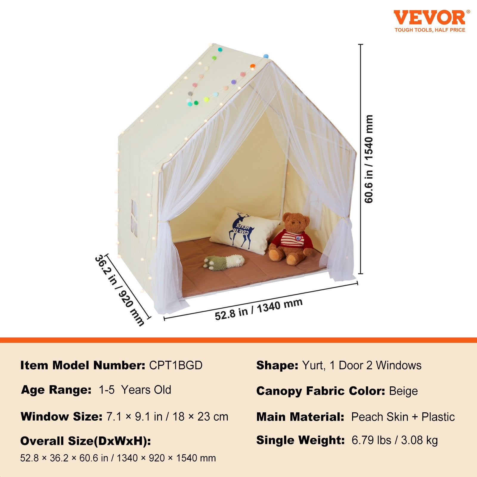Kids Play Tent for 1-5 Years Toddler Tent with Mat and Lamp Beige Yurt