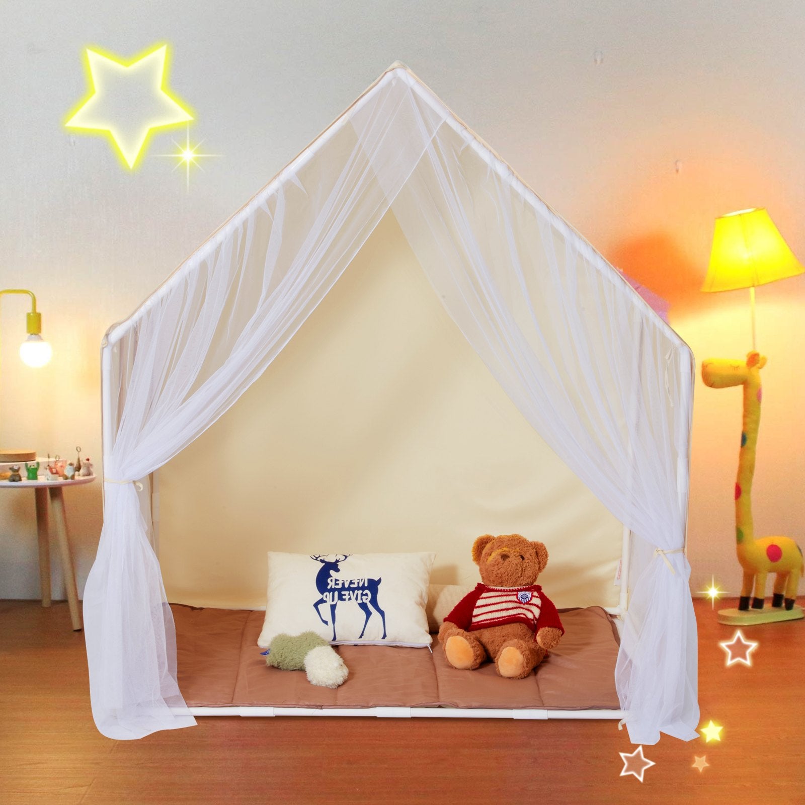 Kids Play Tent for 1-5 Years Toddler Tent with Mat and Lamp Beige Yurt
