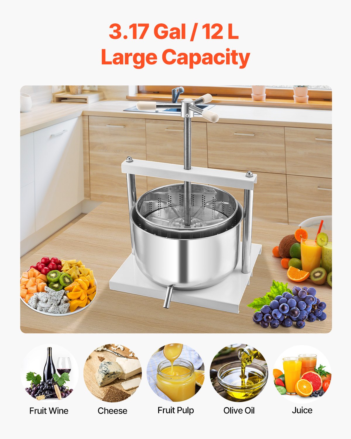 3.17 Gal/12L Fruit Wine Press 2 Stainless Steel Barrels Manual Juice Maker