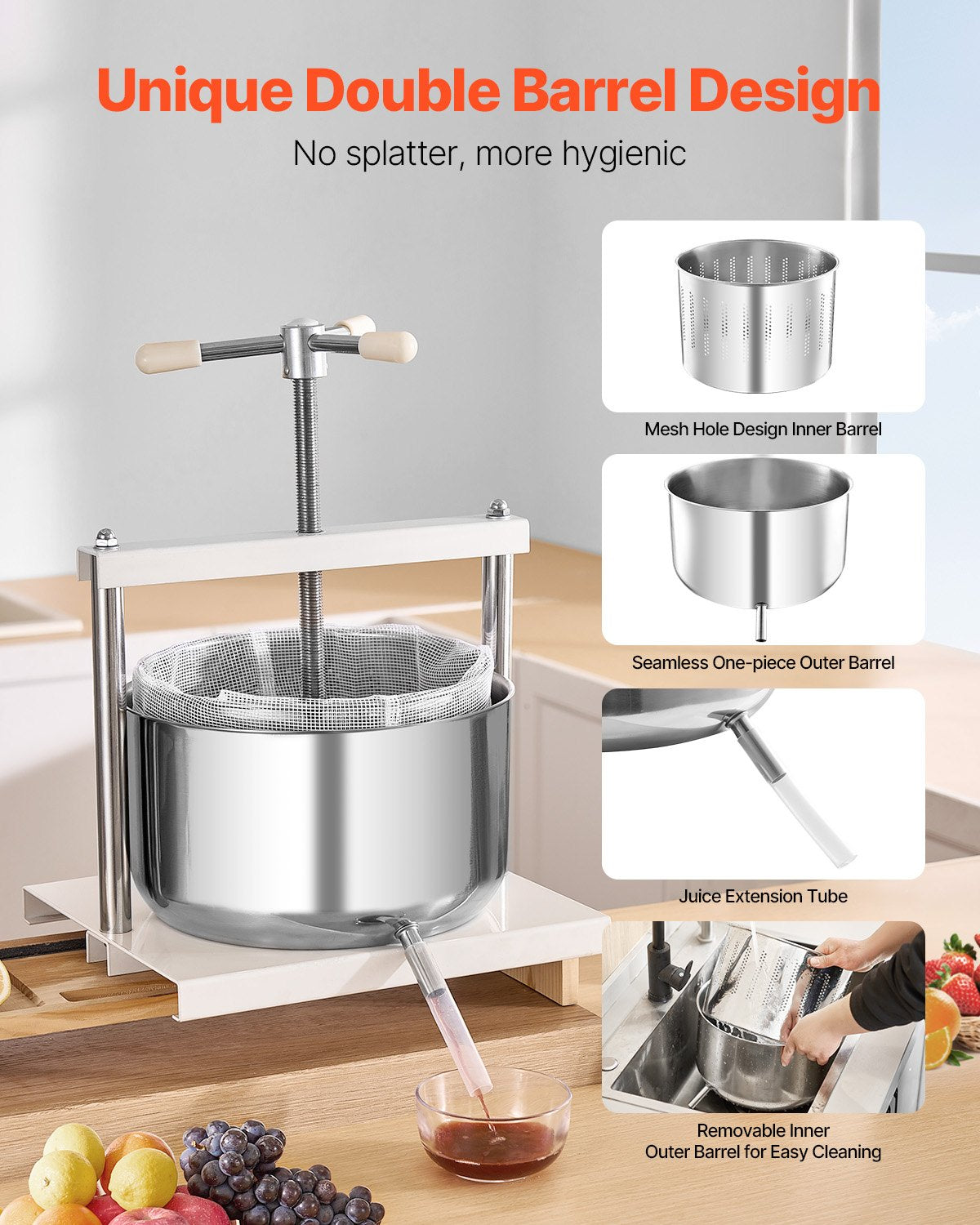 3.17 Gal/12L Fruit Wine Press 2 Stainless Steel Barrels Manual Juice Maker