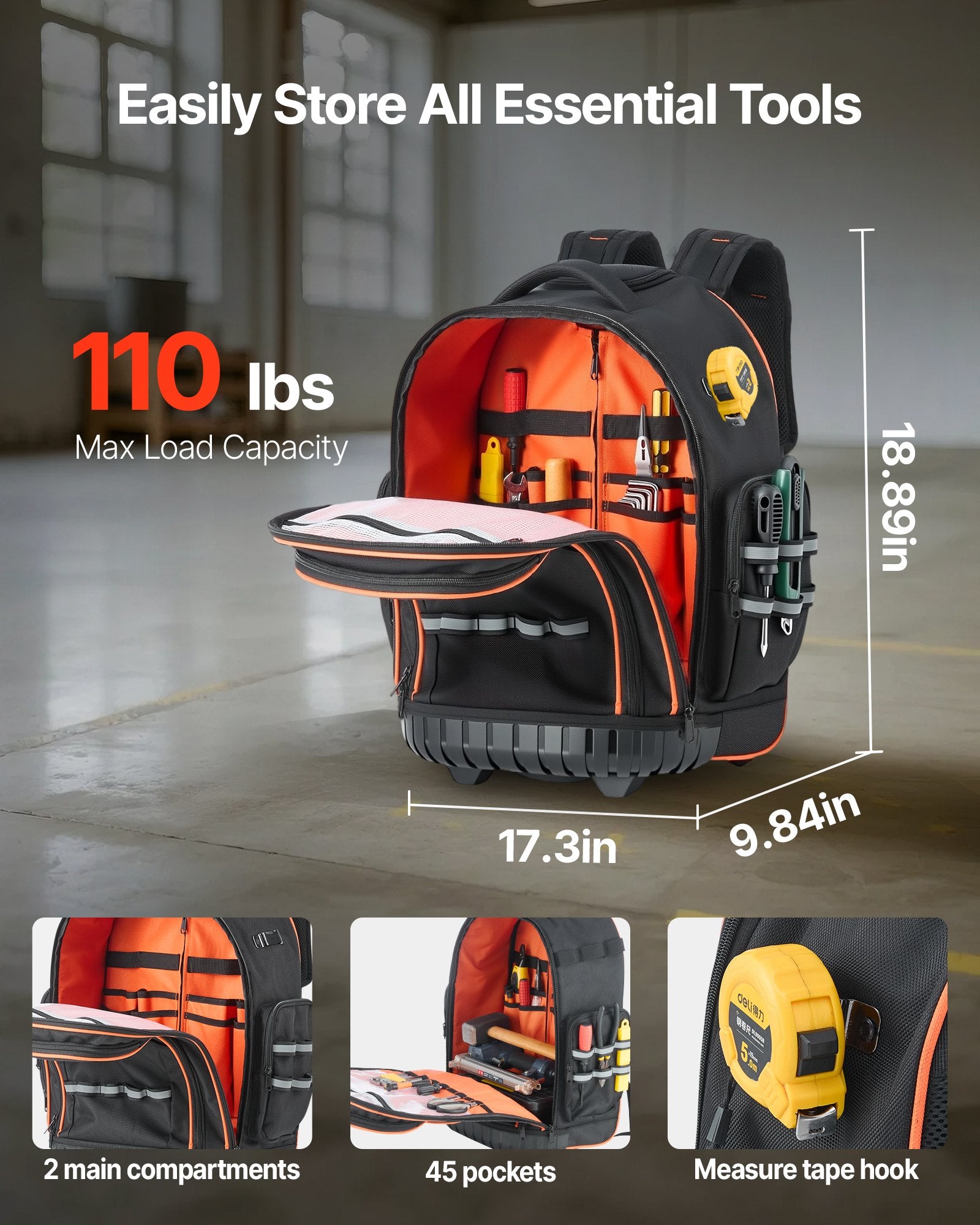 Rolling Tool Backpack 110lbs Load 45 Pockets Heavy Duty Roller Bag w/Wheels