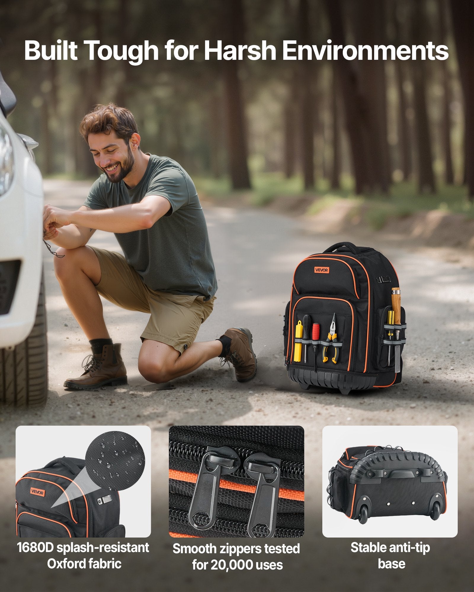 Rolling Tool Backpack 110lbs Load 45 Pockets Heavy Duty Roller Bag w/Wheels
